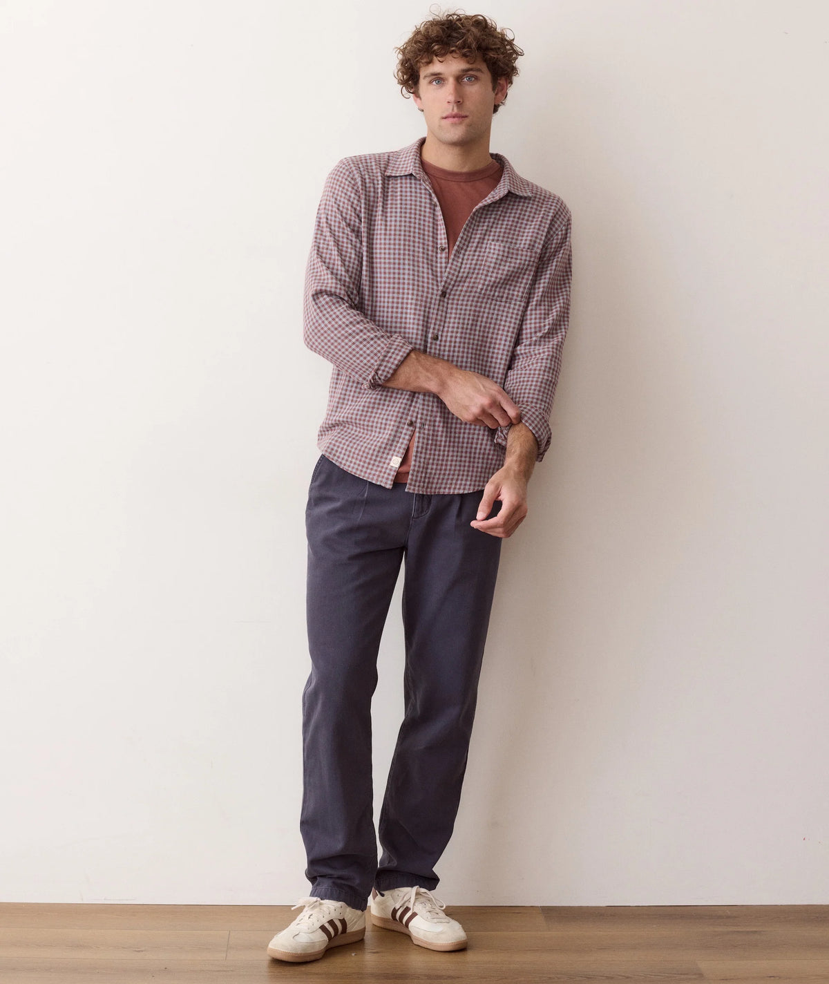 Stretch Selvage Long Sleeve Shirt - Burgundy/Blue Gingham