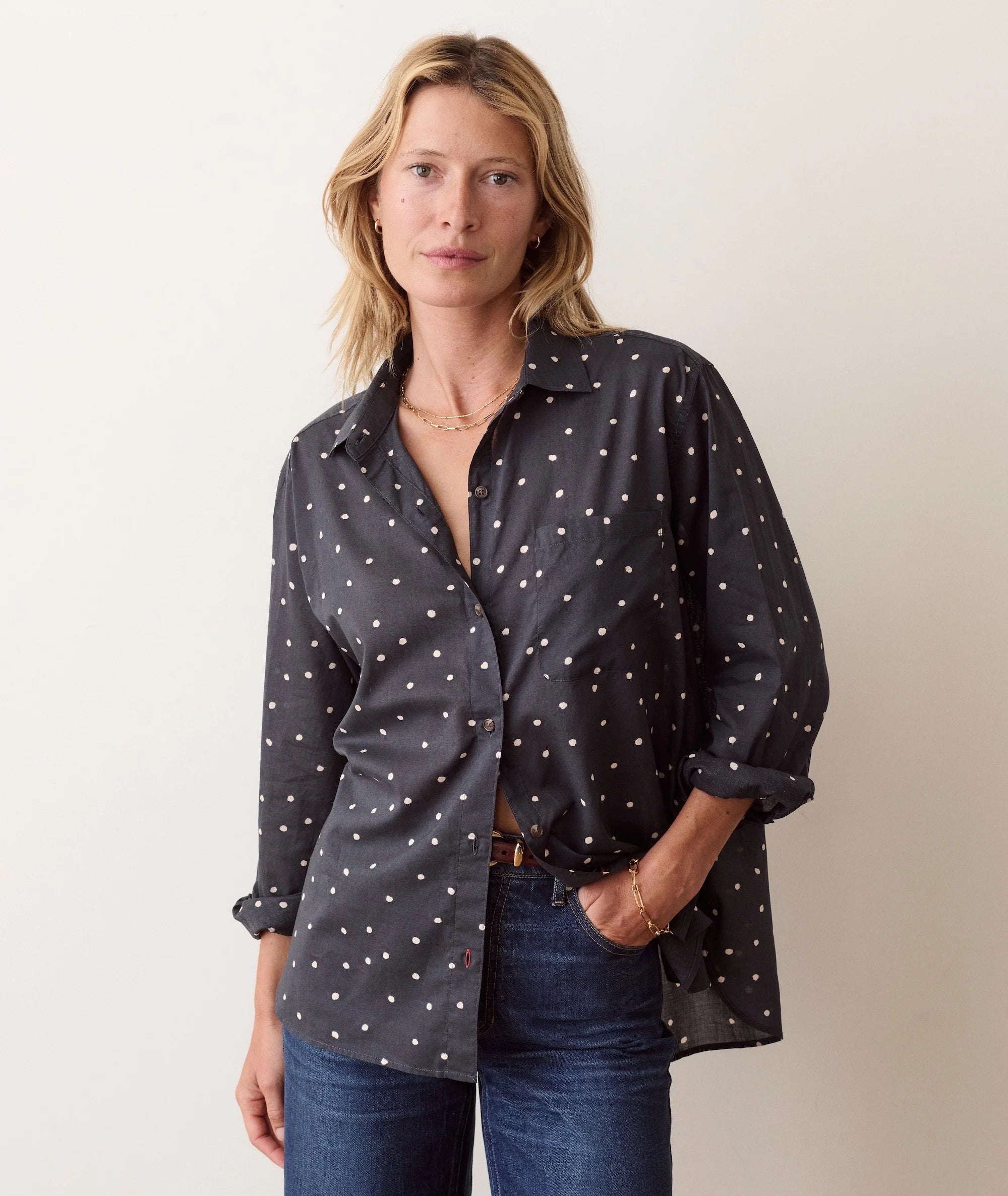 Jane Relaxed Voile Shirt - Navy Polka Dot