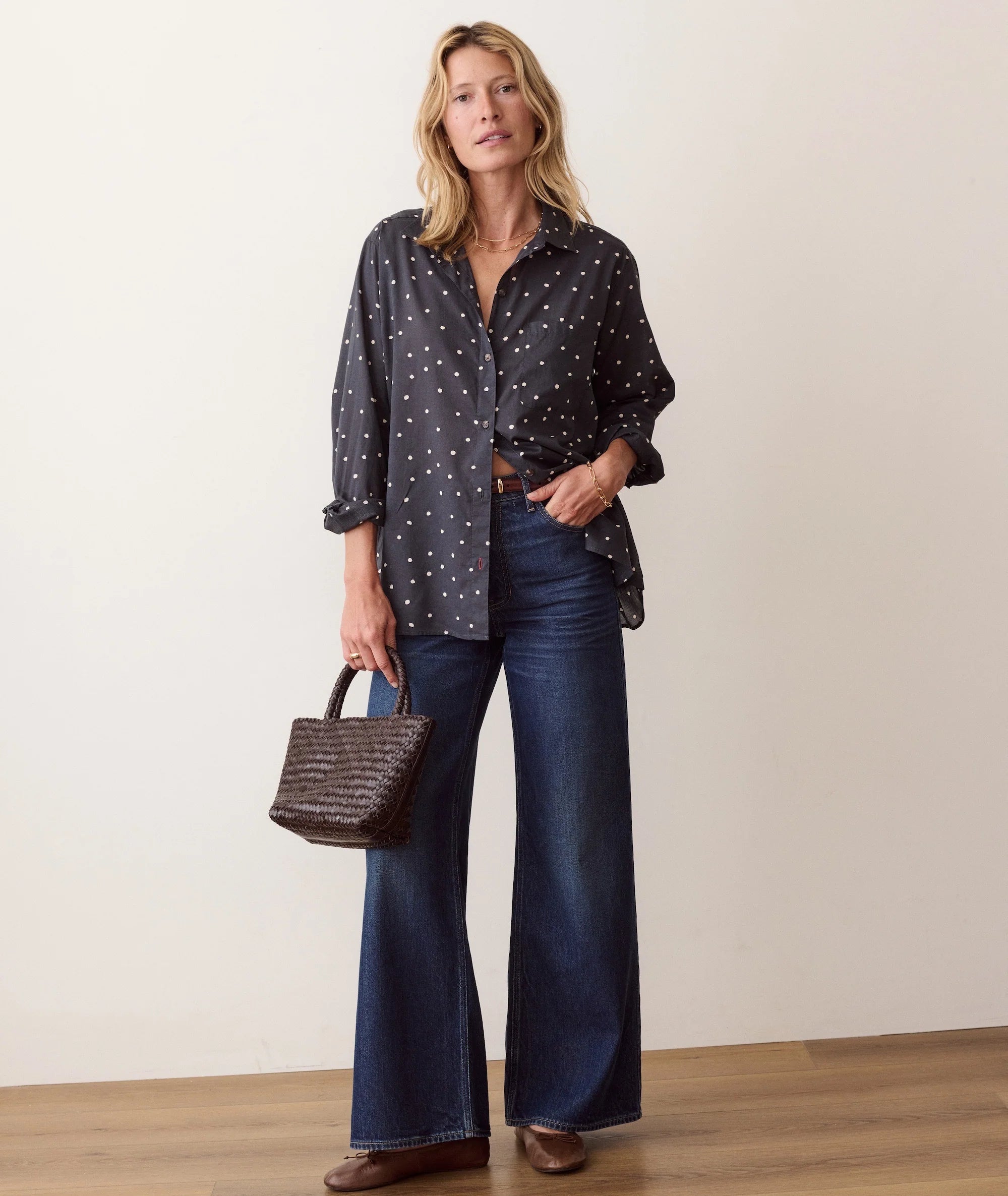 Jane Relaxed Voile Shirt - Navy Polka Dot