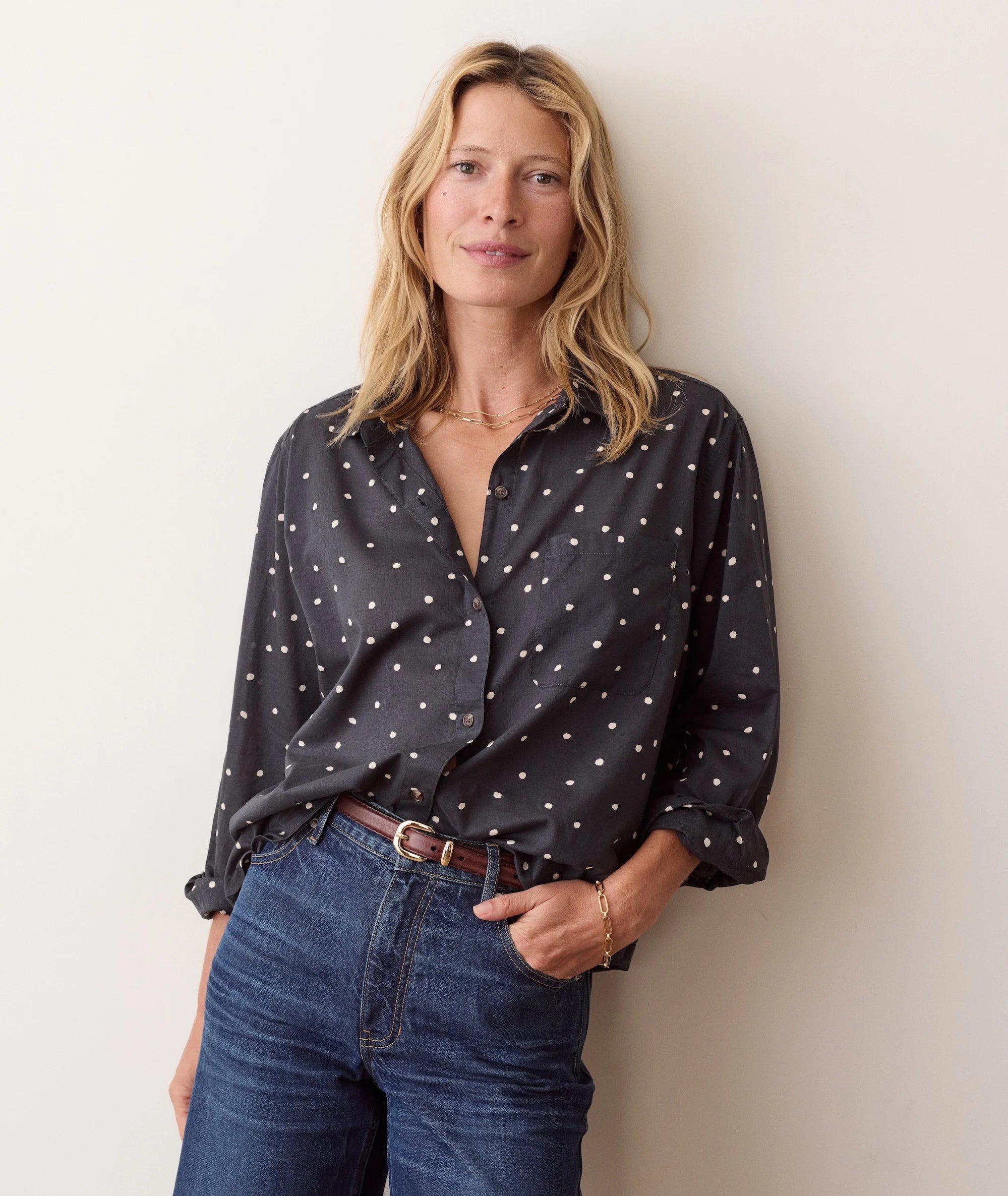 Jane Relaxed Voile Shirt - Navy Polka Dot