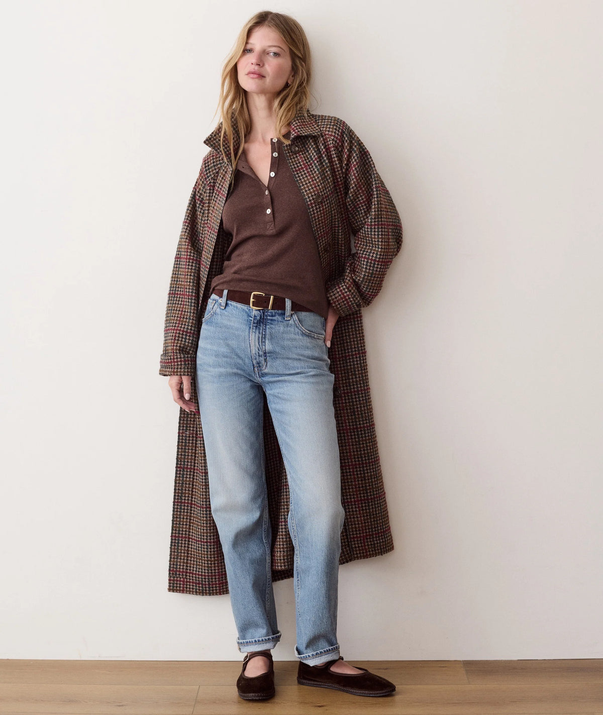 Hayes Houndstooth Trench Coat - Neutral Herringbone