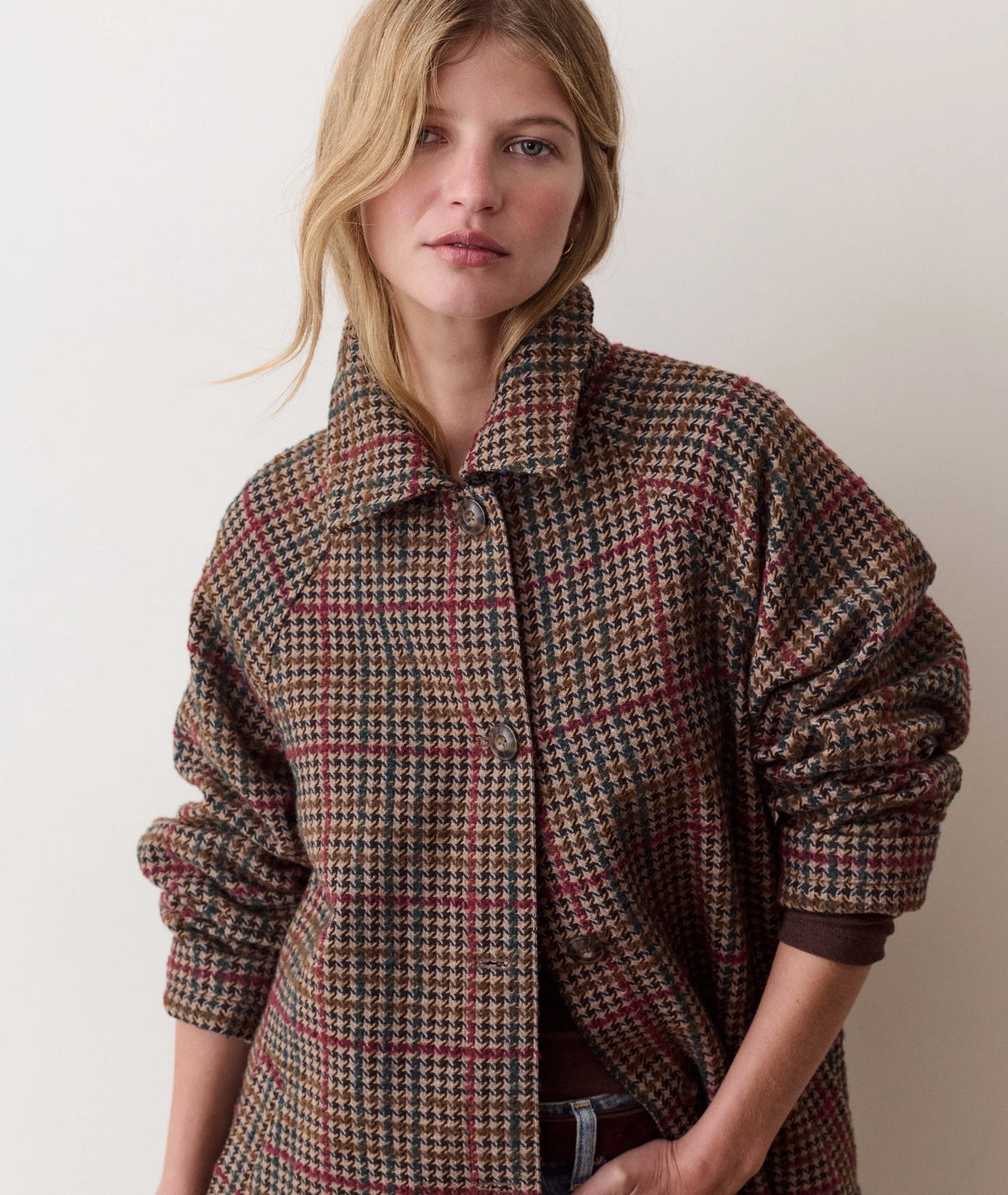 Hayes Houndstooth Trench Coat - Neutral Herringbone
