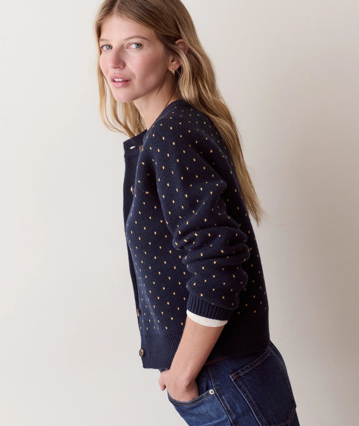 Iris Crewneck Cardigan - Navy & Gold