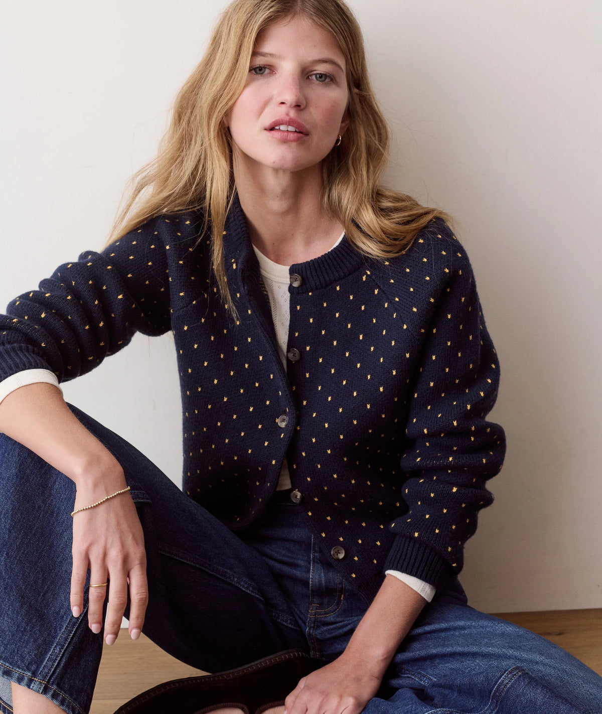 Iris Crewneck Cardigan - Navy & Gold