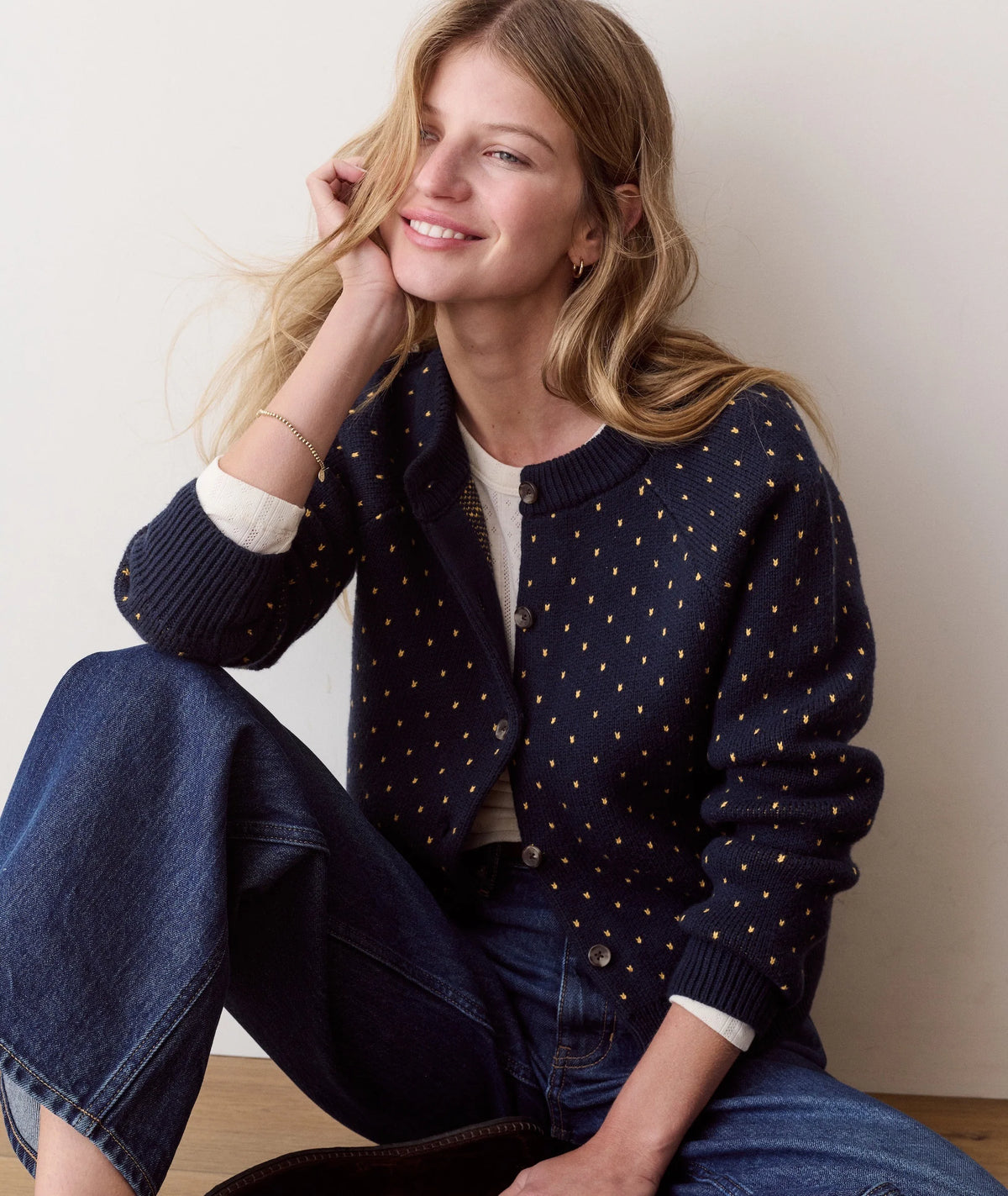 Iris Crewneck Cardigan - Navy & Gold