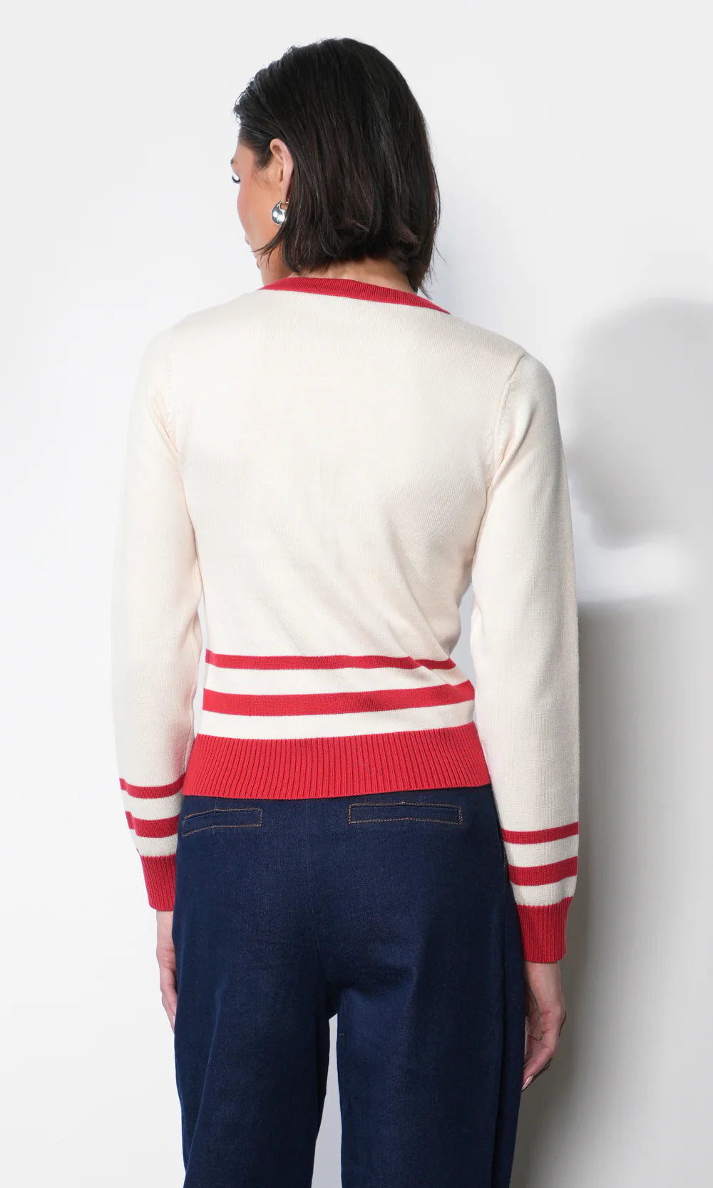Piper Plunge Neck Stripe Button Front Knit Top - Ivory/Red