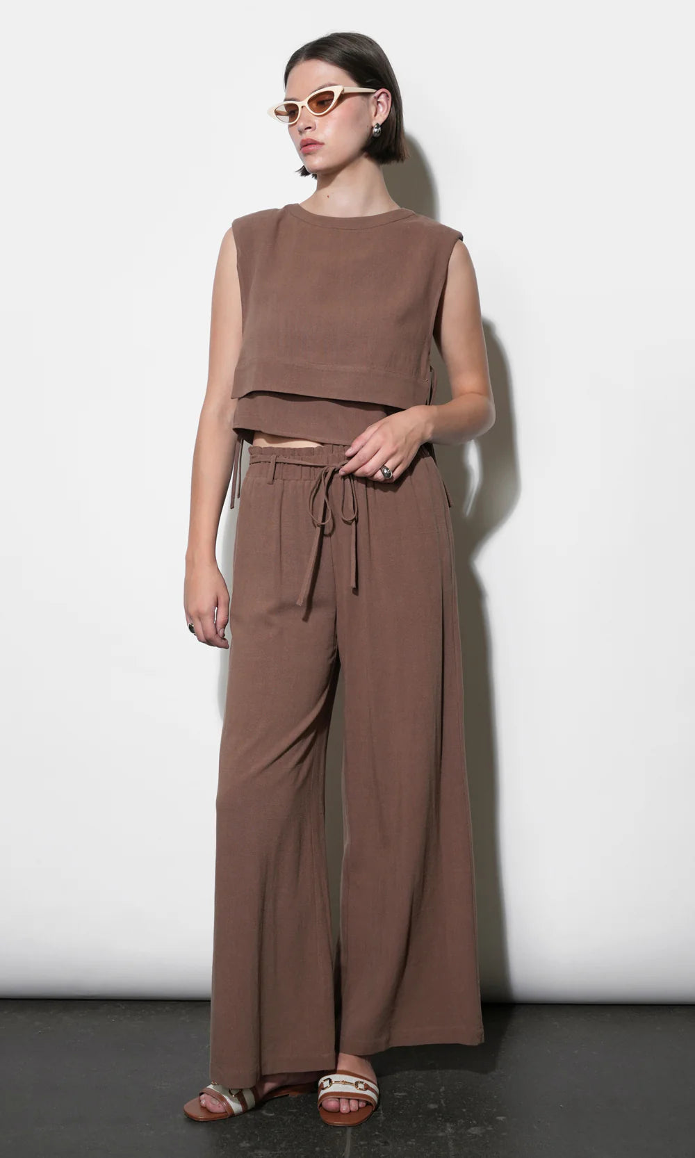 Mia Easy Wide Leg Pant with Tie Belt - Brown