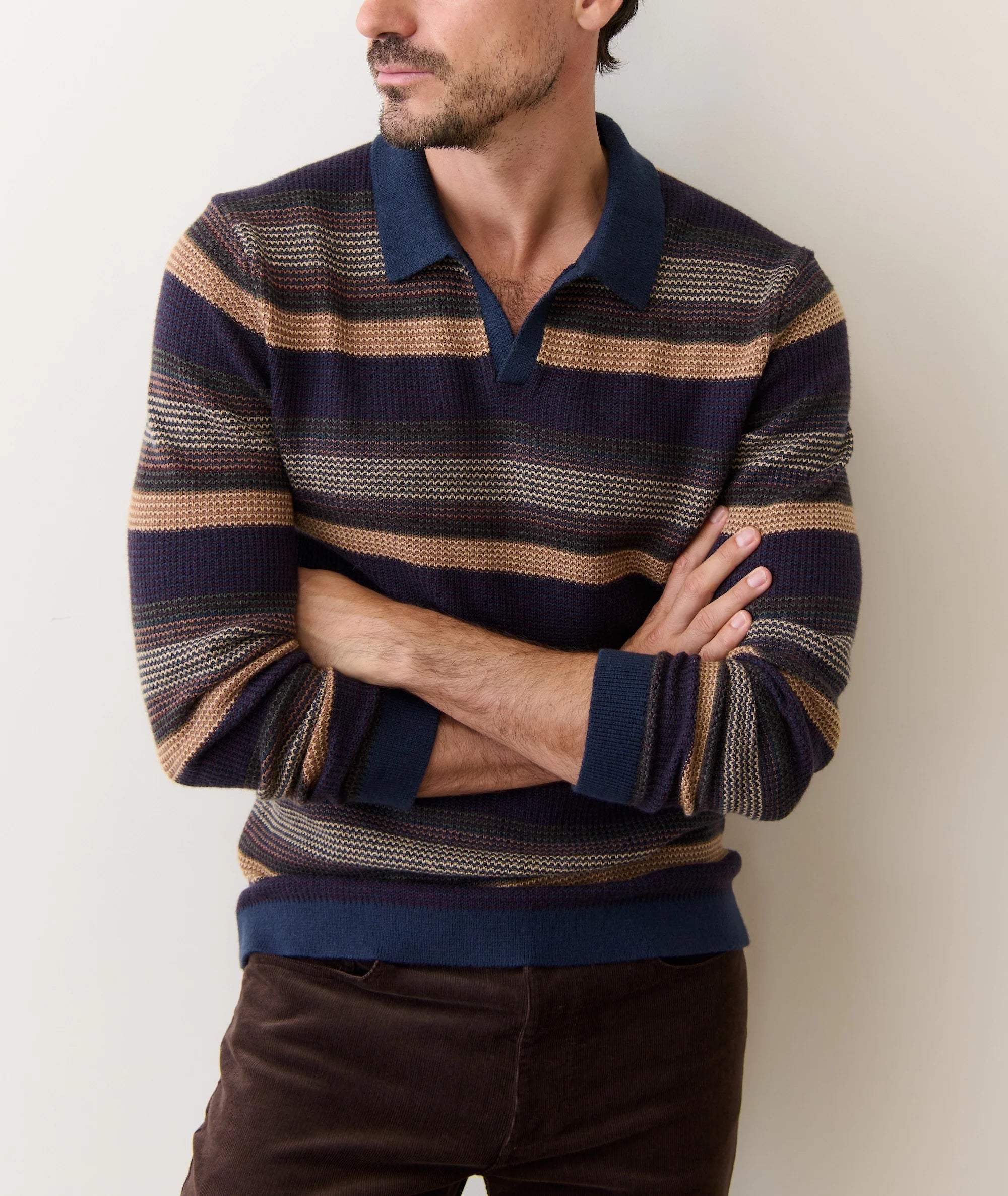 Liam Long Sleeve Sweater Polo - Warm Multi Stripe