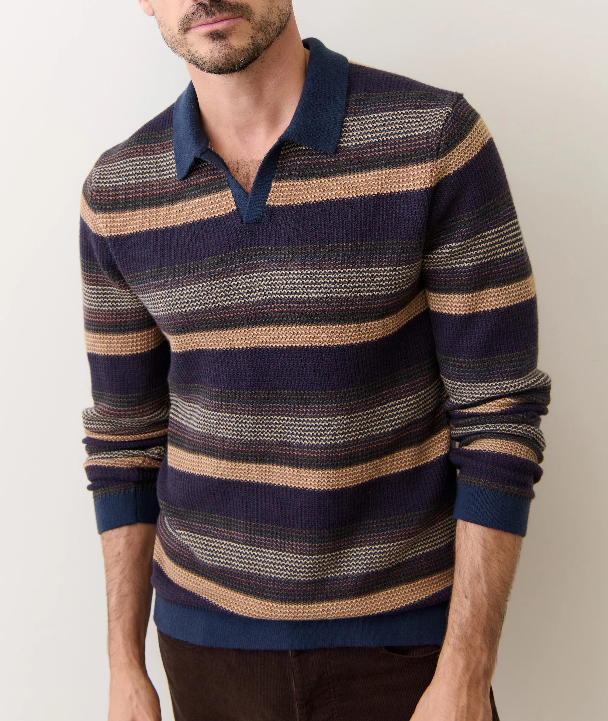 Liam Long Sleeve Sweater Polo - Warm Multi Stripe