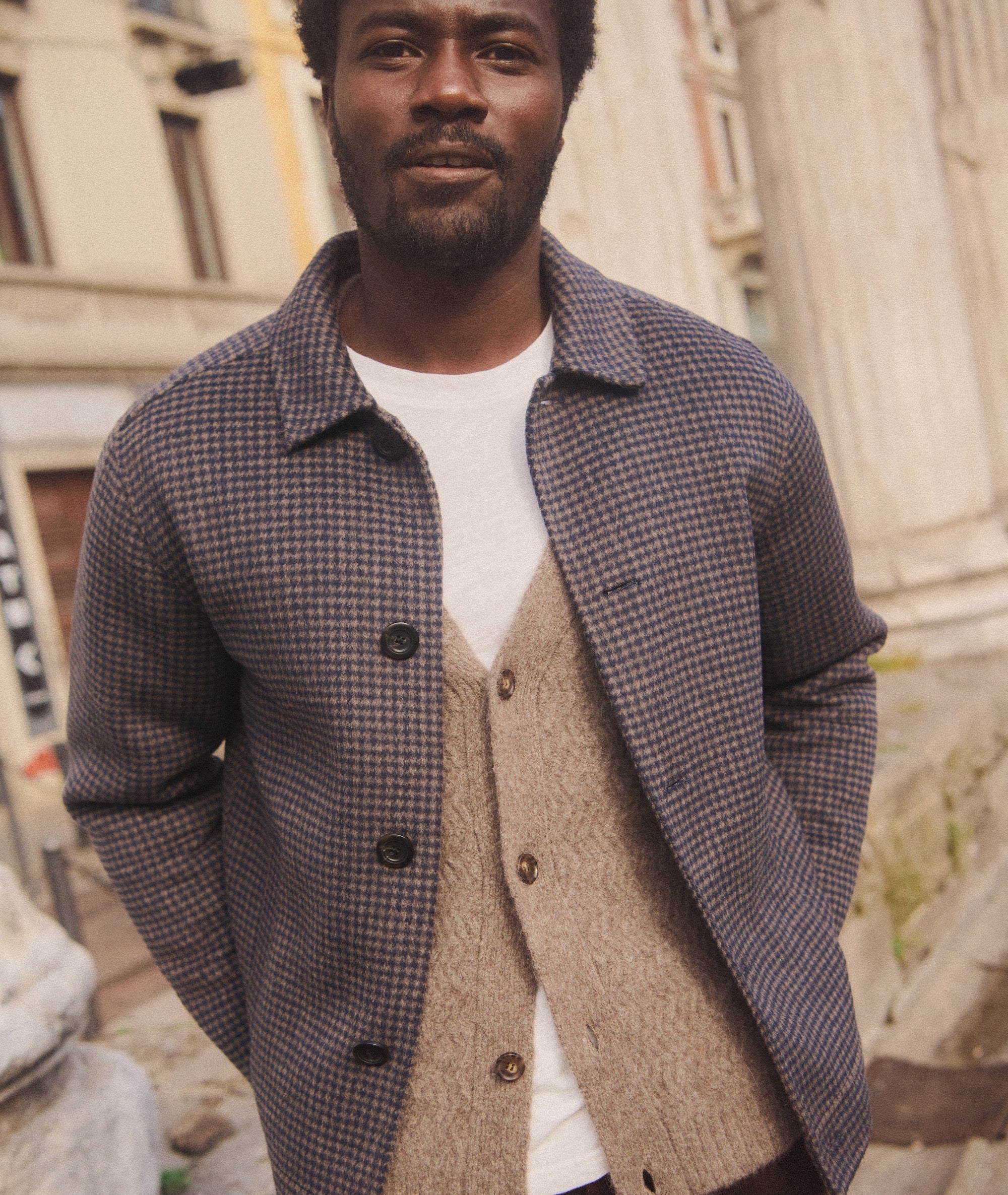 Luca Wool Jacket - Navy/Taupe Houndstooth