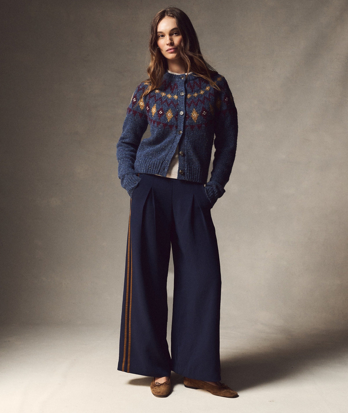Allison Pleated Wide Leg Trouser - Navy/Bronze