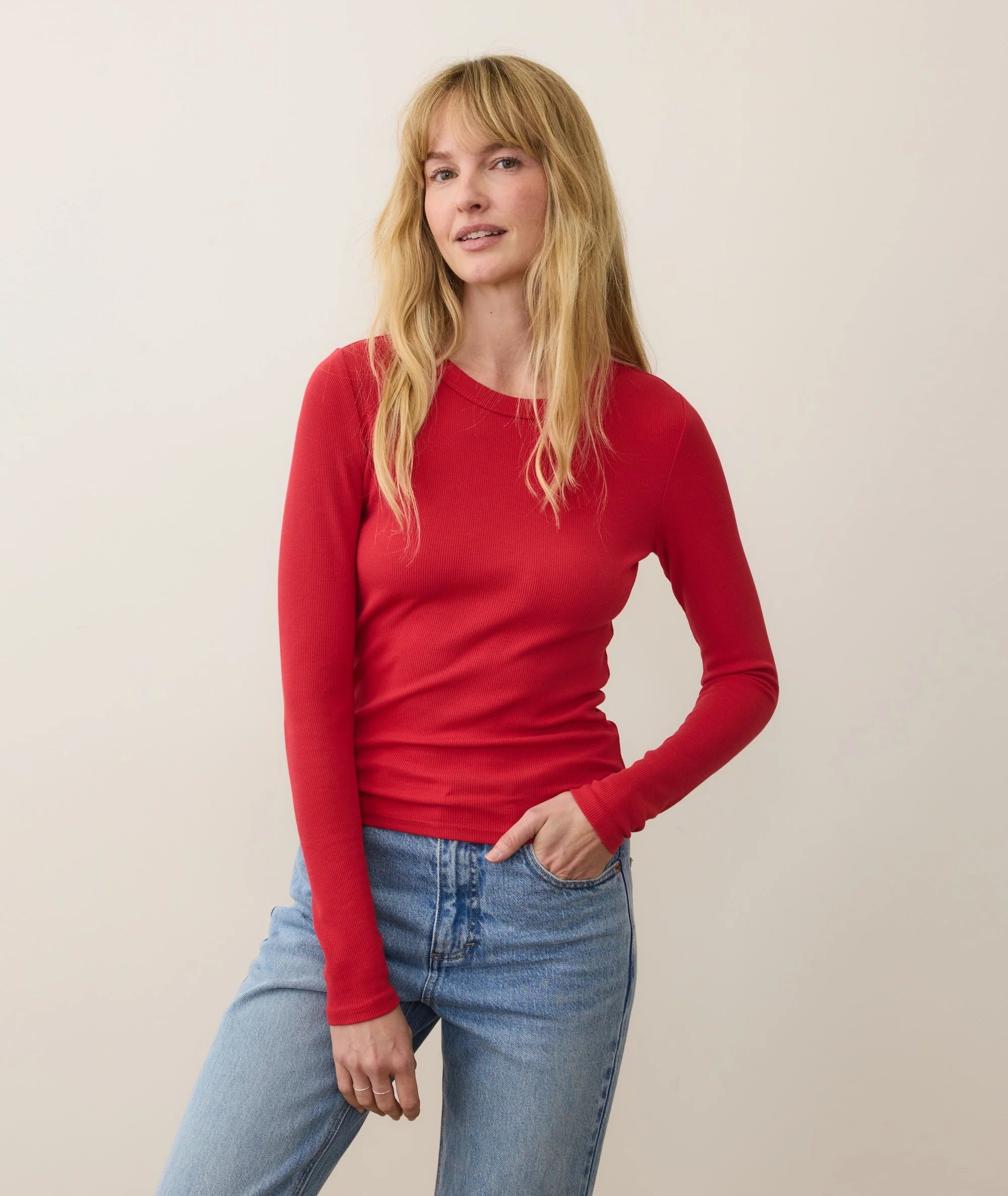 Lexi Rib Sun-In Longsleeve Crew Tee - Cherry Red