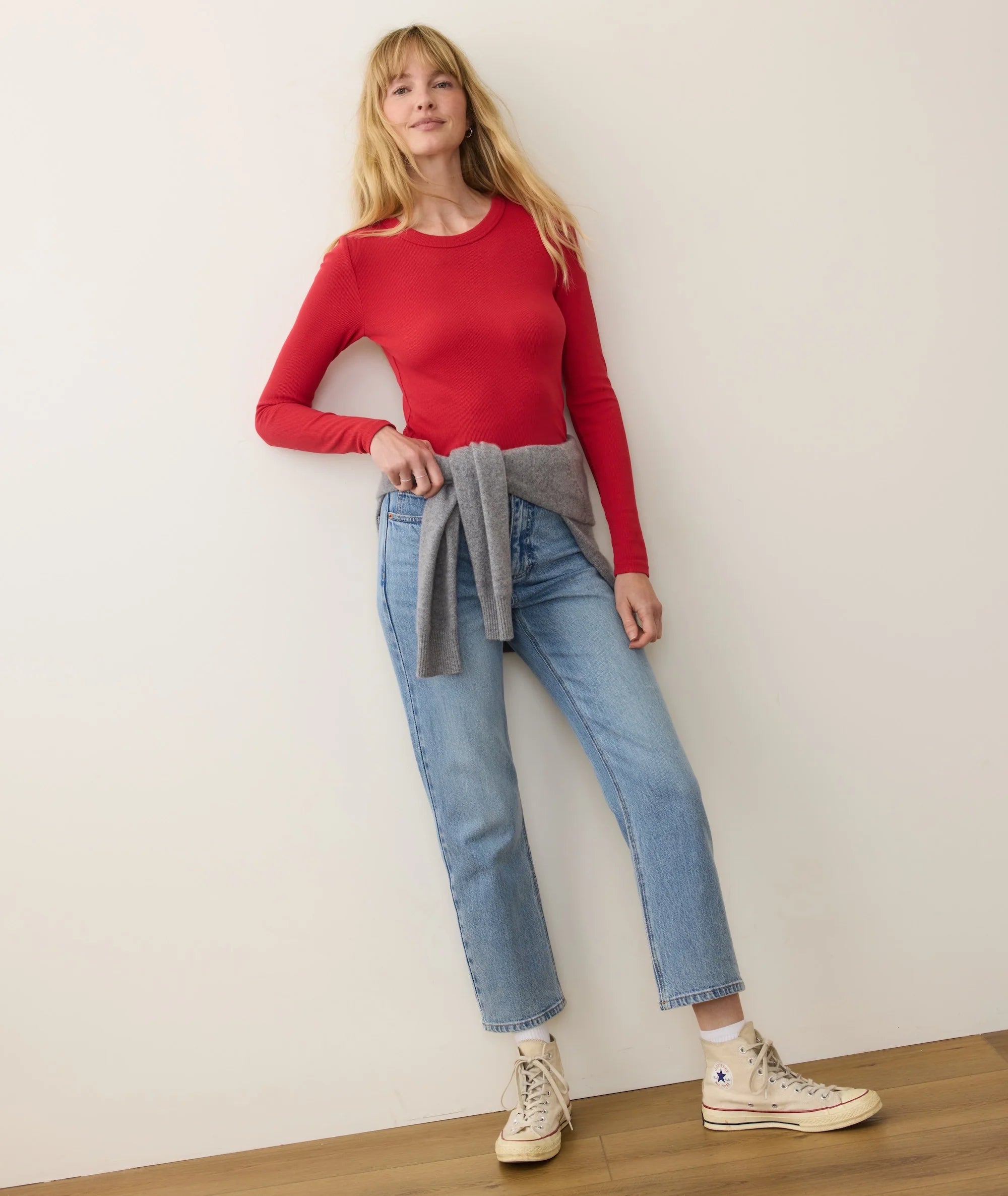 Lexi Rib Sun-In Longsleeve Crew Tee - Cherry Red