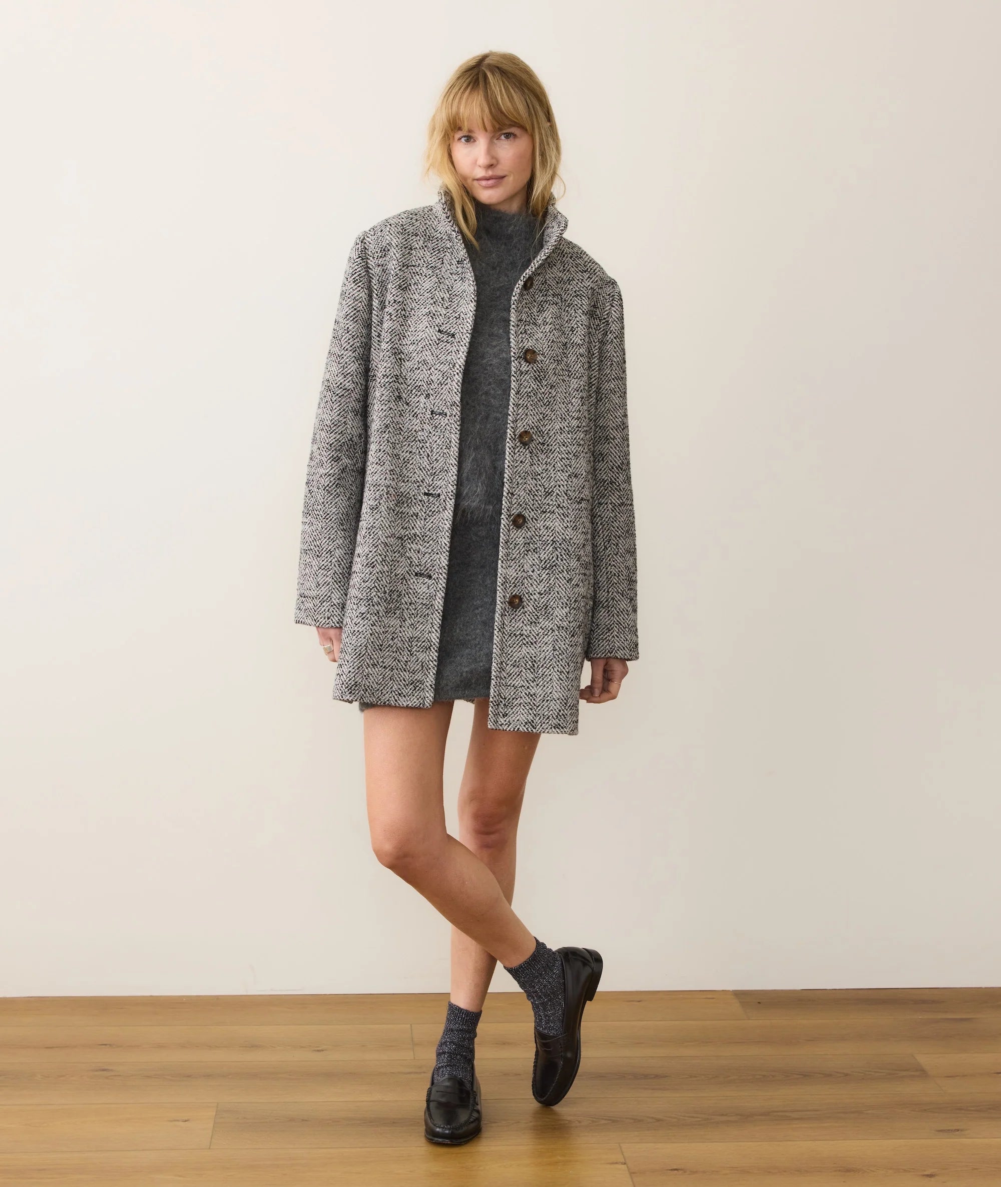 Stephanie Cocoon Coat - Black and White Herringbone