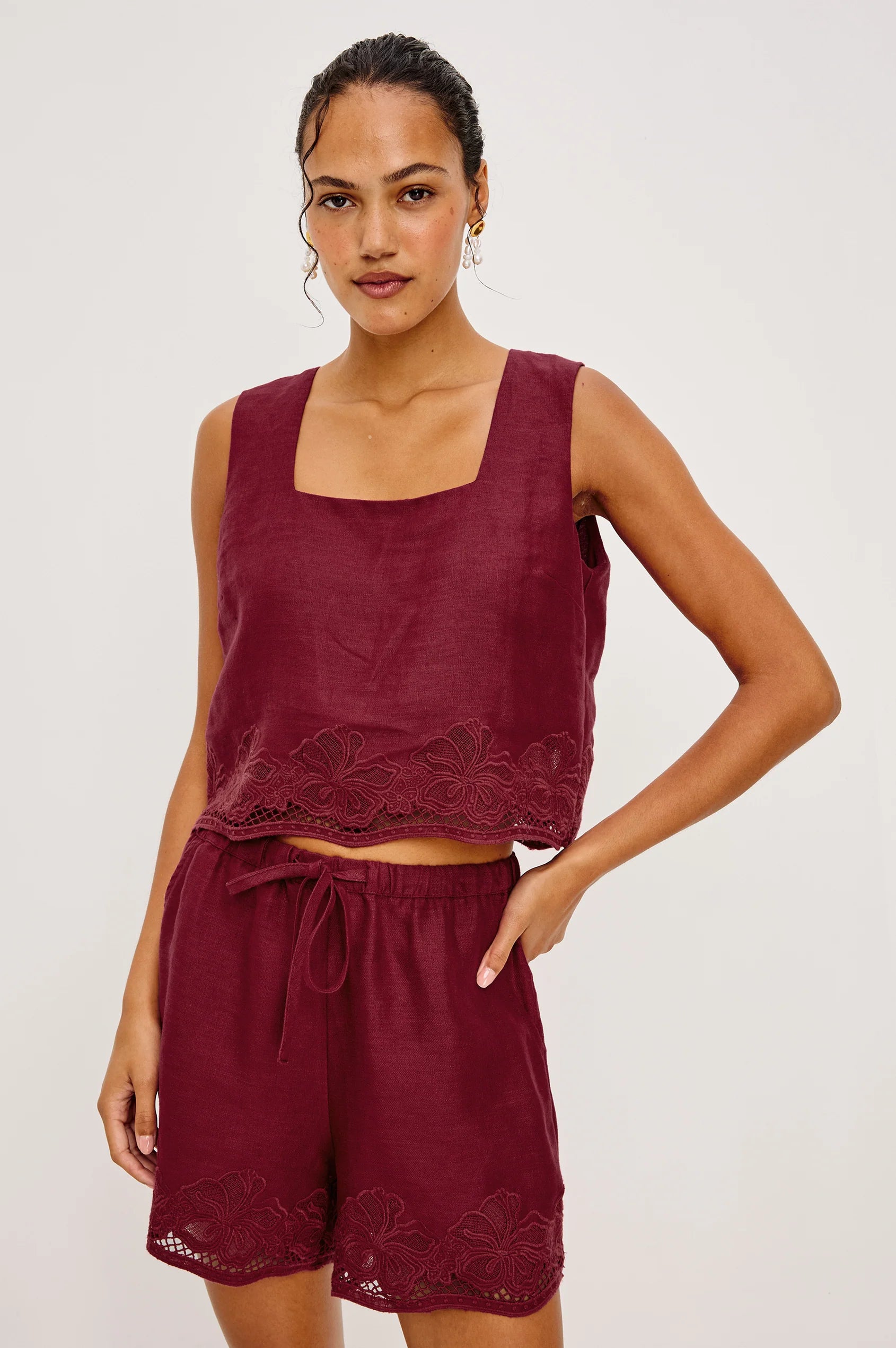 Jenner Shorts - Berry Hibiscus Embroidery