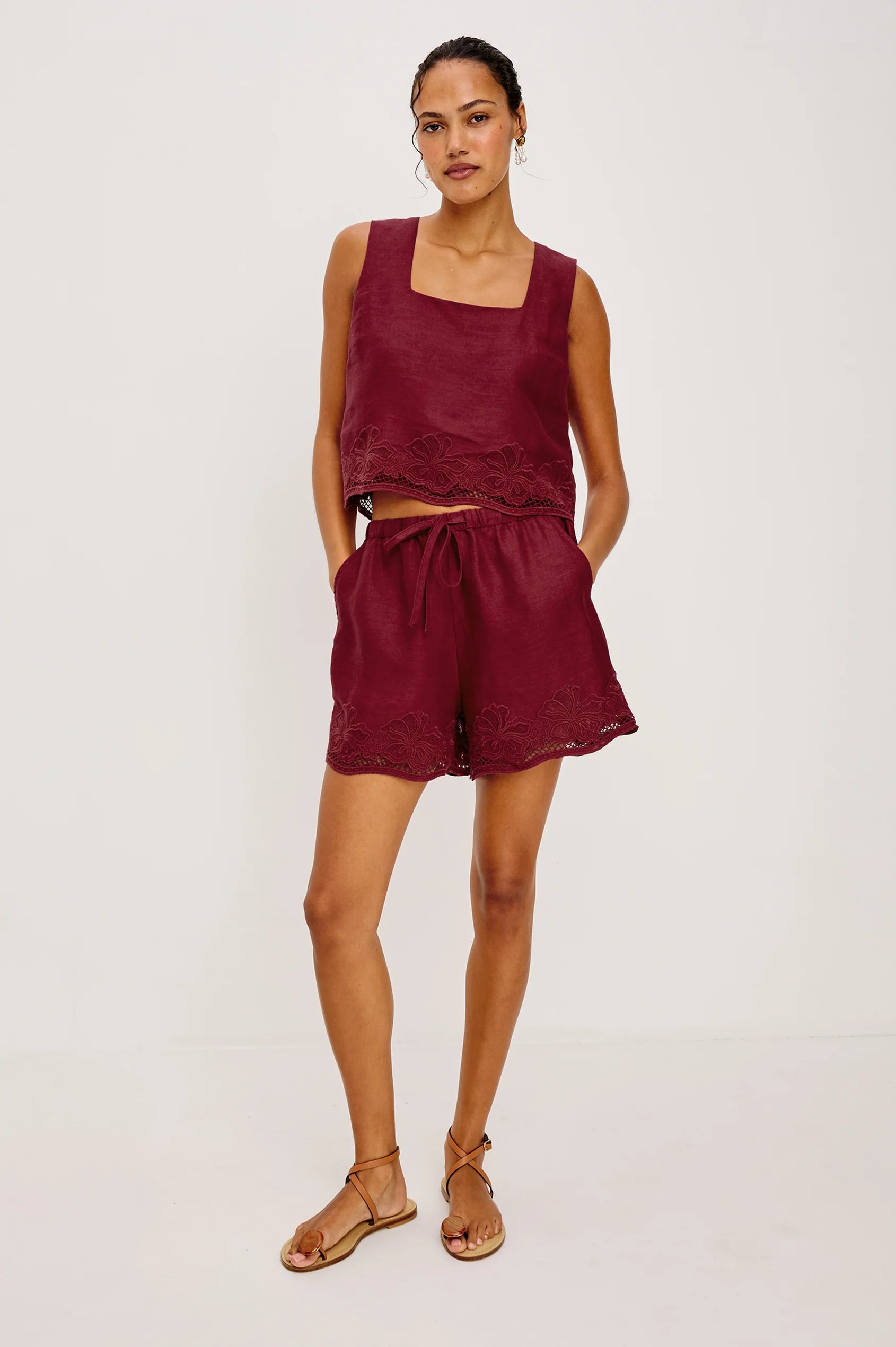 Jenner Shorts - Berry Hibiscus Embroidery
