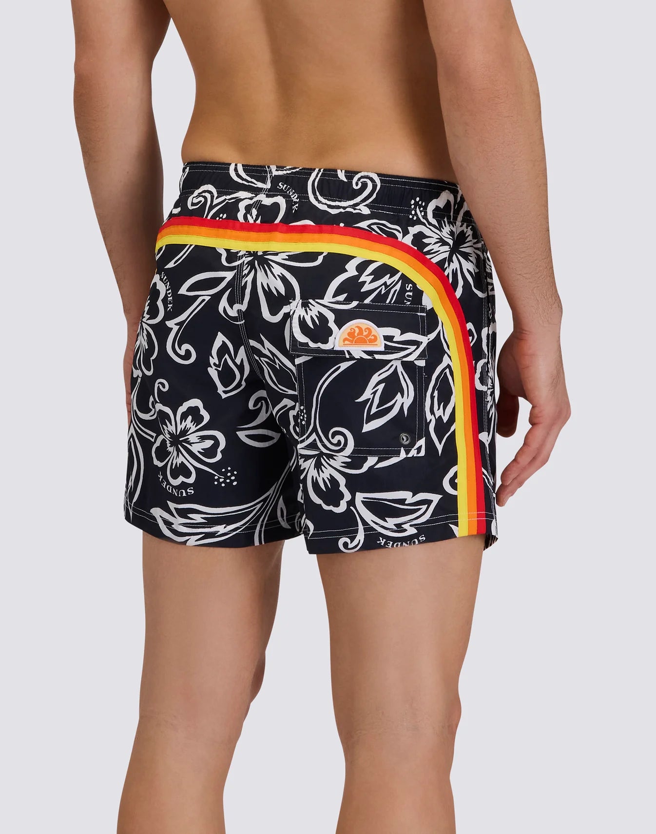 Men's Short Swimsuit with Elastic Waist and Archive Hibiscus Print SK23 - Vintage Dark Navy