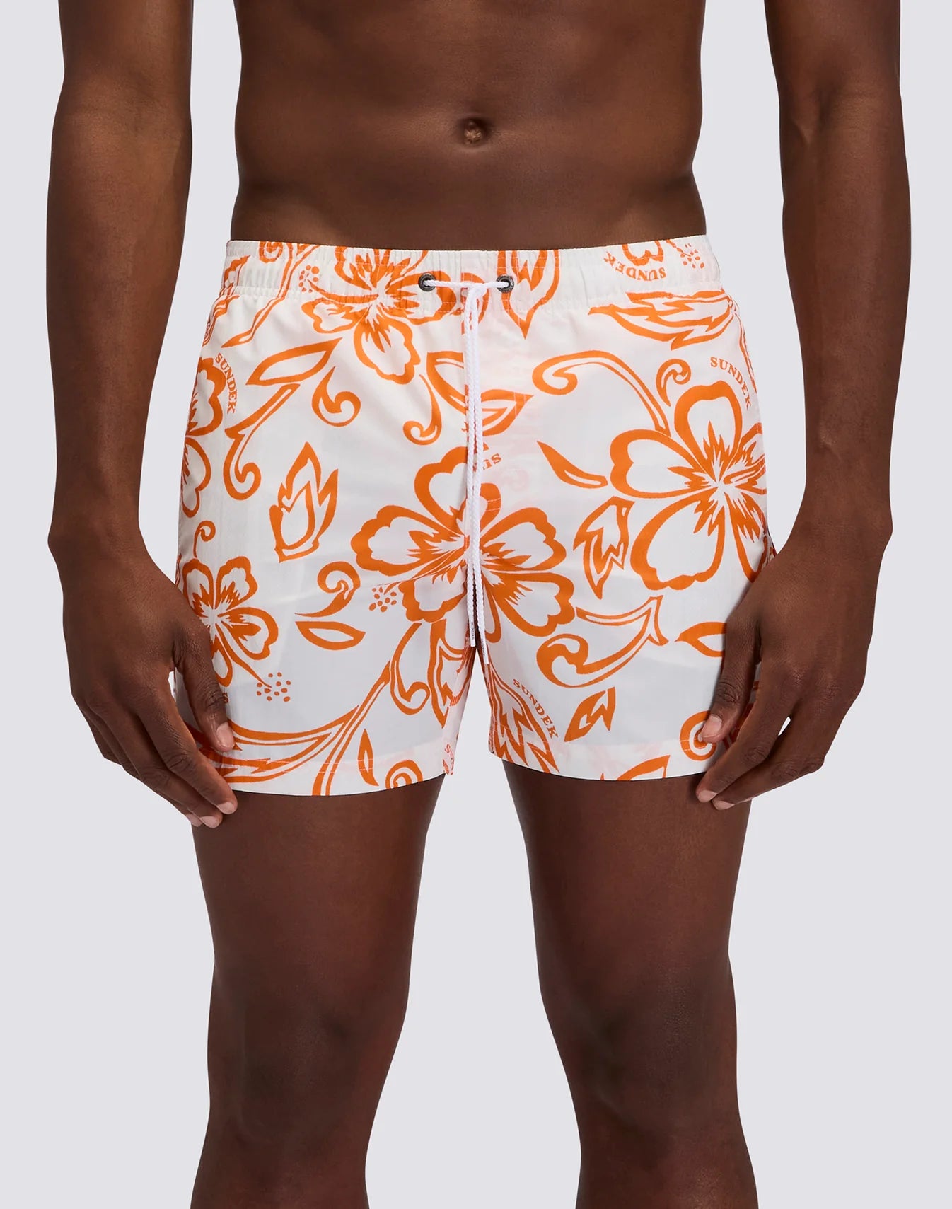 Men's Short Swimsuit with Elastic Waist and Archive Hibiscus Print SK23 - Vintage White 2