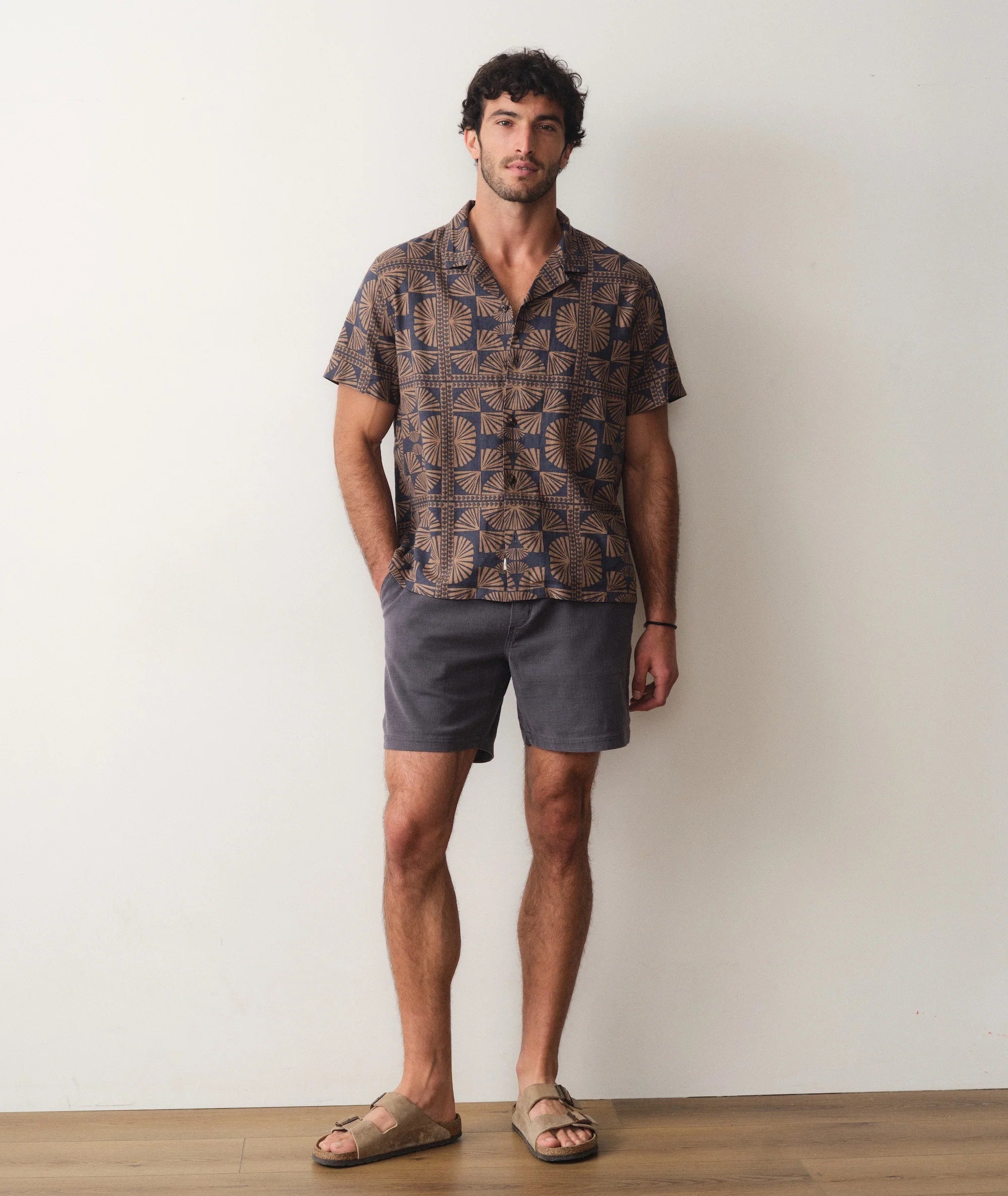 Pablo Tencel Linen Resort Shirt - Brown/Navy Geo Fan Print