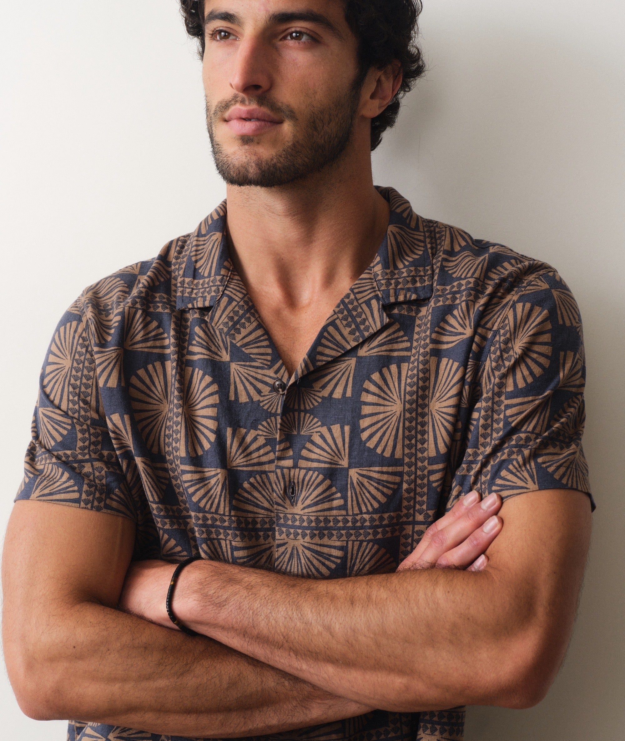 Pablo Tencel Linen Resort Shirt - Brown/Navy Geo Fan Print