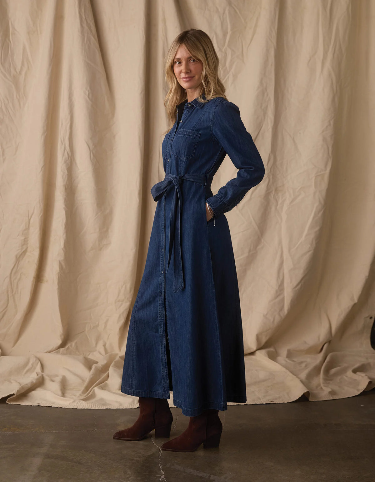 Cotton Denim Shirt Dress - Dark Wash