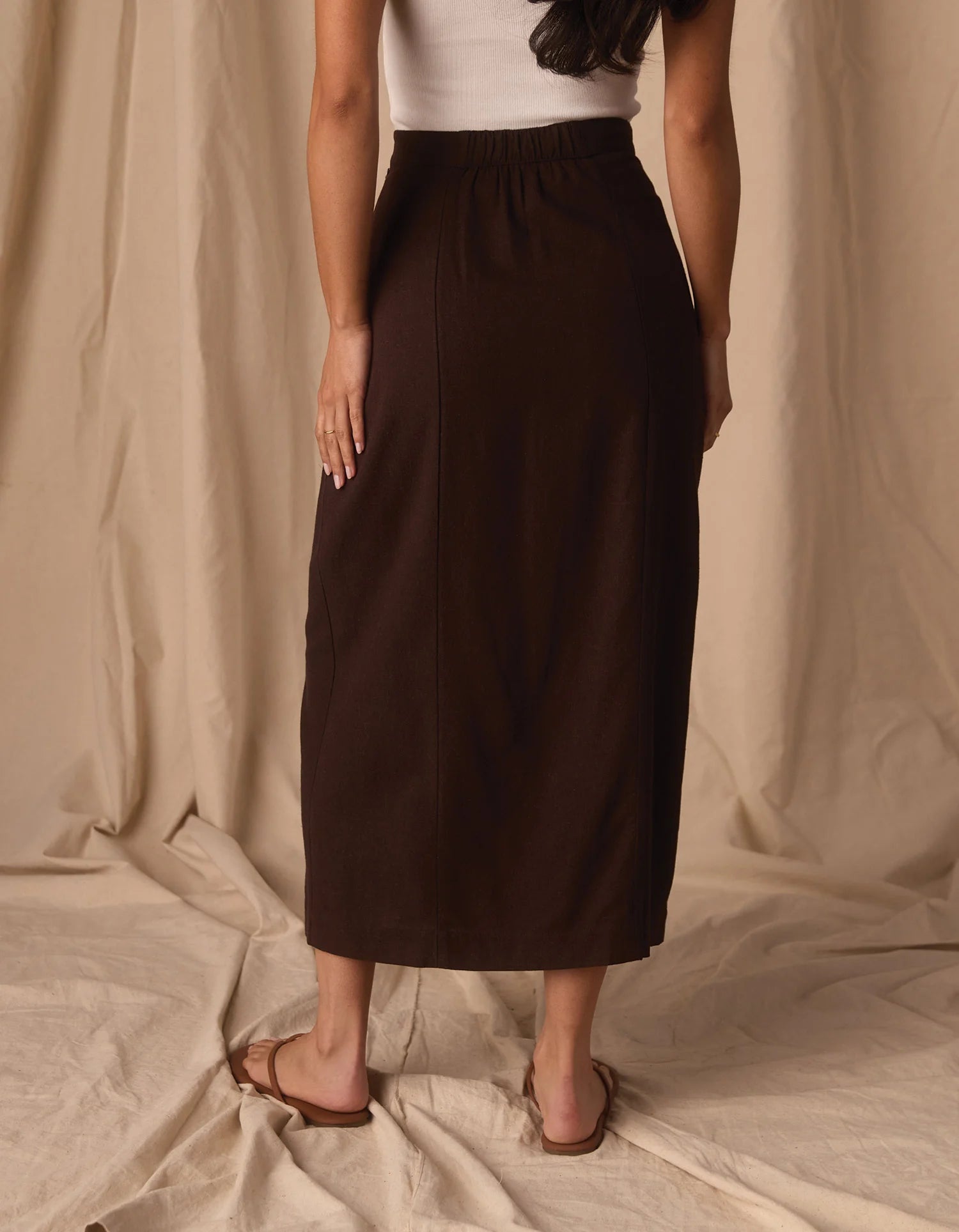 Leukos Linen-Blend Button Front Skirt - Umber