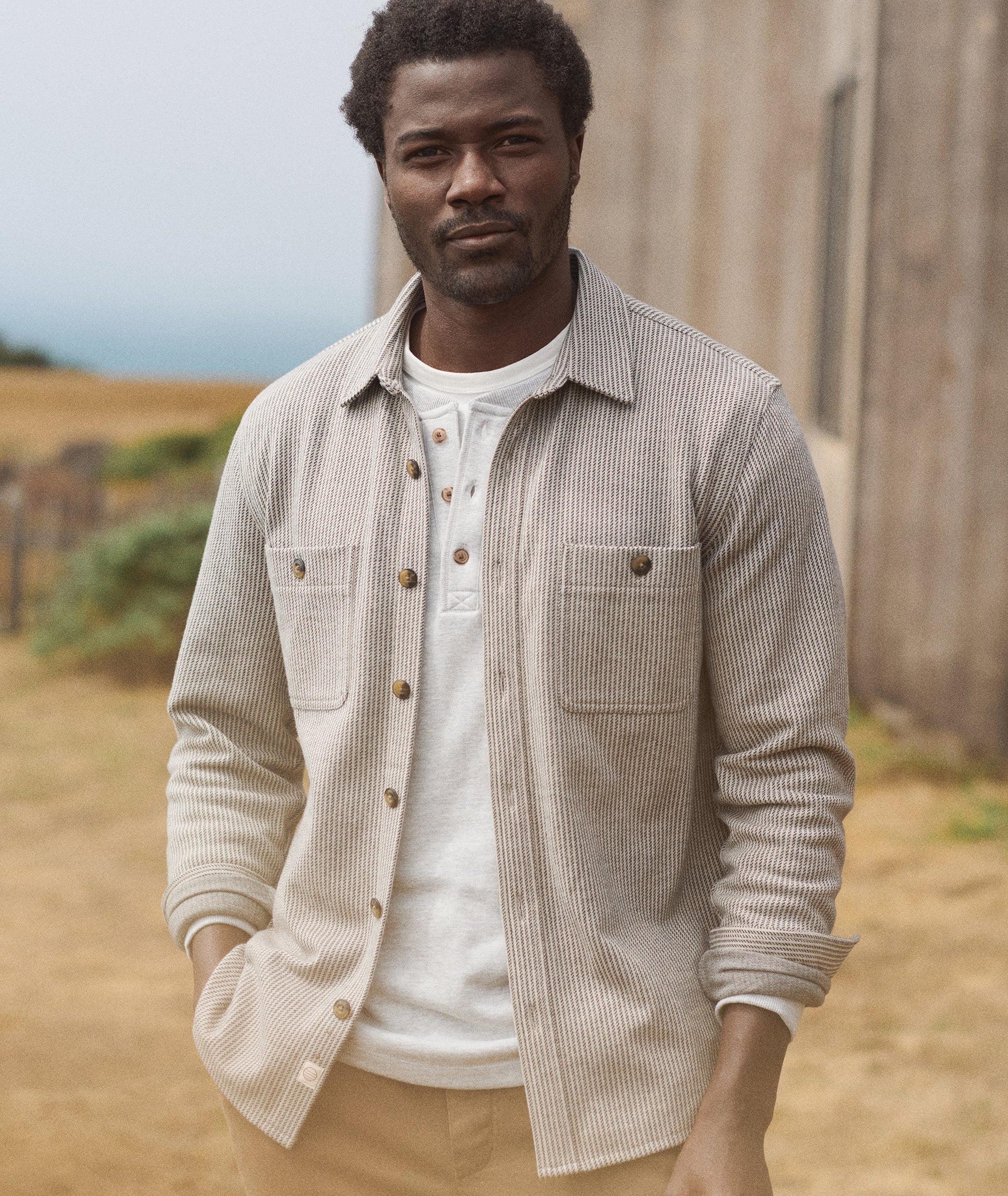 Pacifica Stretch Twill Overshirt - Grey Railroad Stripe