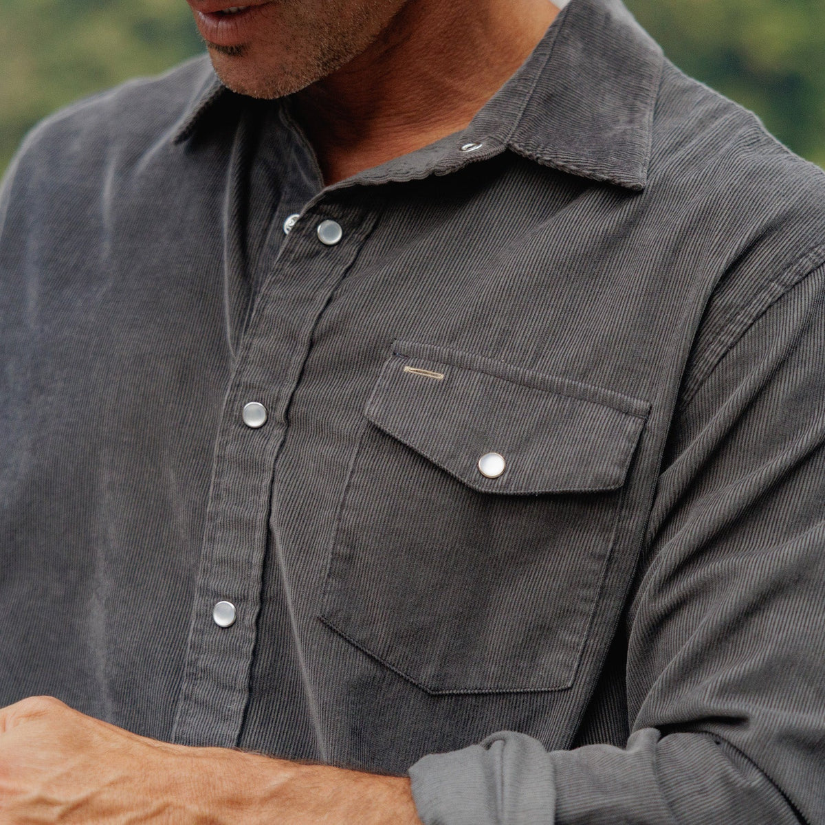 Corduroy Pearl Snap - Charcoal