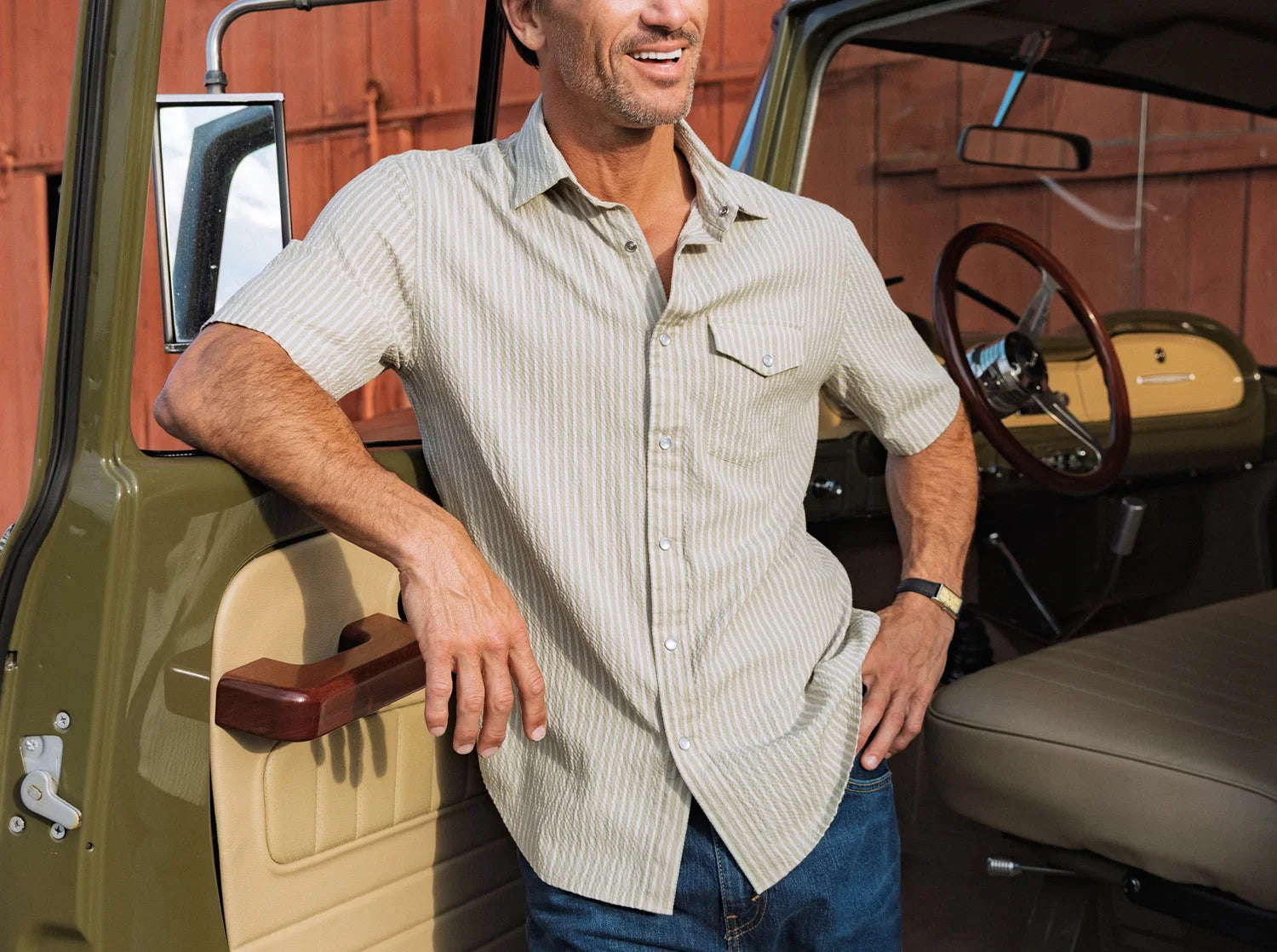 Short Sleeve Performance Pearl Snap - Stone Seersucker