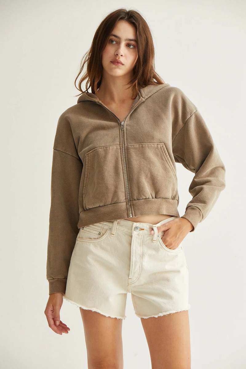 Rosie Cropped Zip Hoodie - Vintage Mushroom