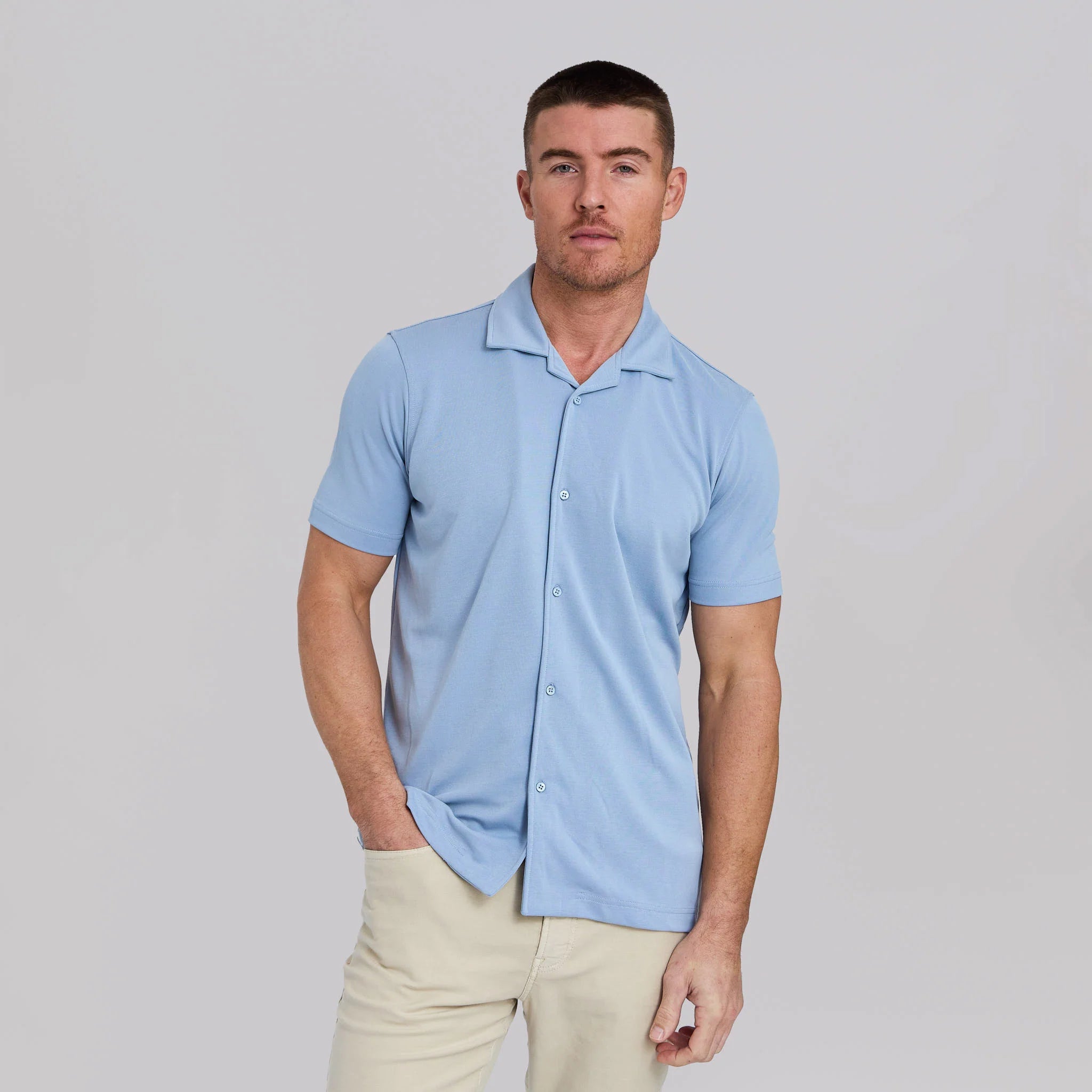 The Brody - Double Knit SS Cabana Shirt - Sky Blue