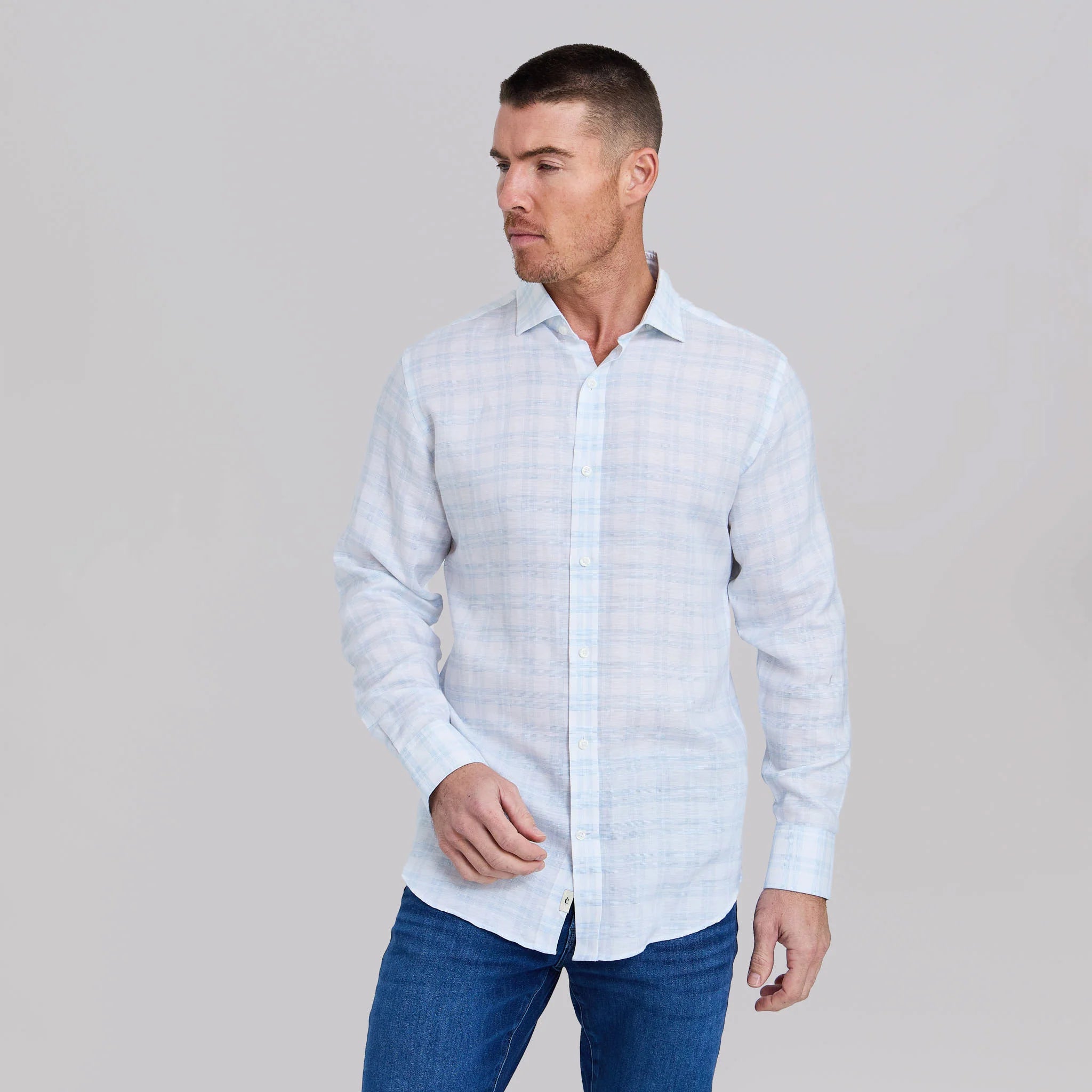 The Phoenix - Stretch Linen Sport Shirt - White/Teal Box Plaid