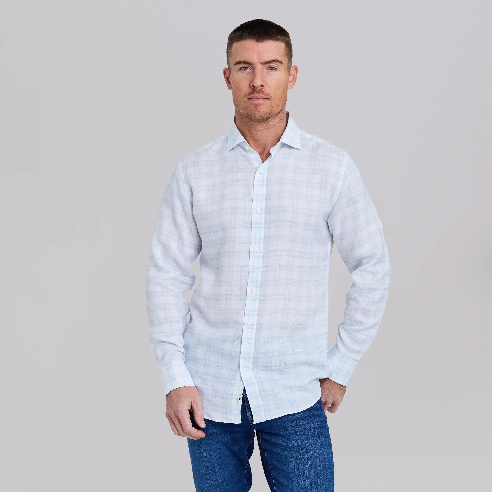 The Phoenix - Stretch Linen Sport Shirt - White/Teal Box Plaid