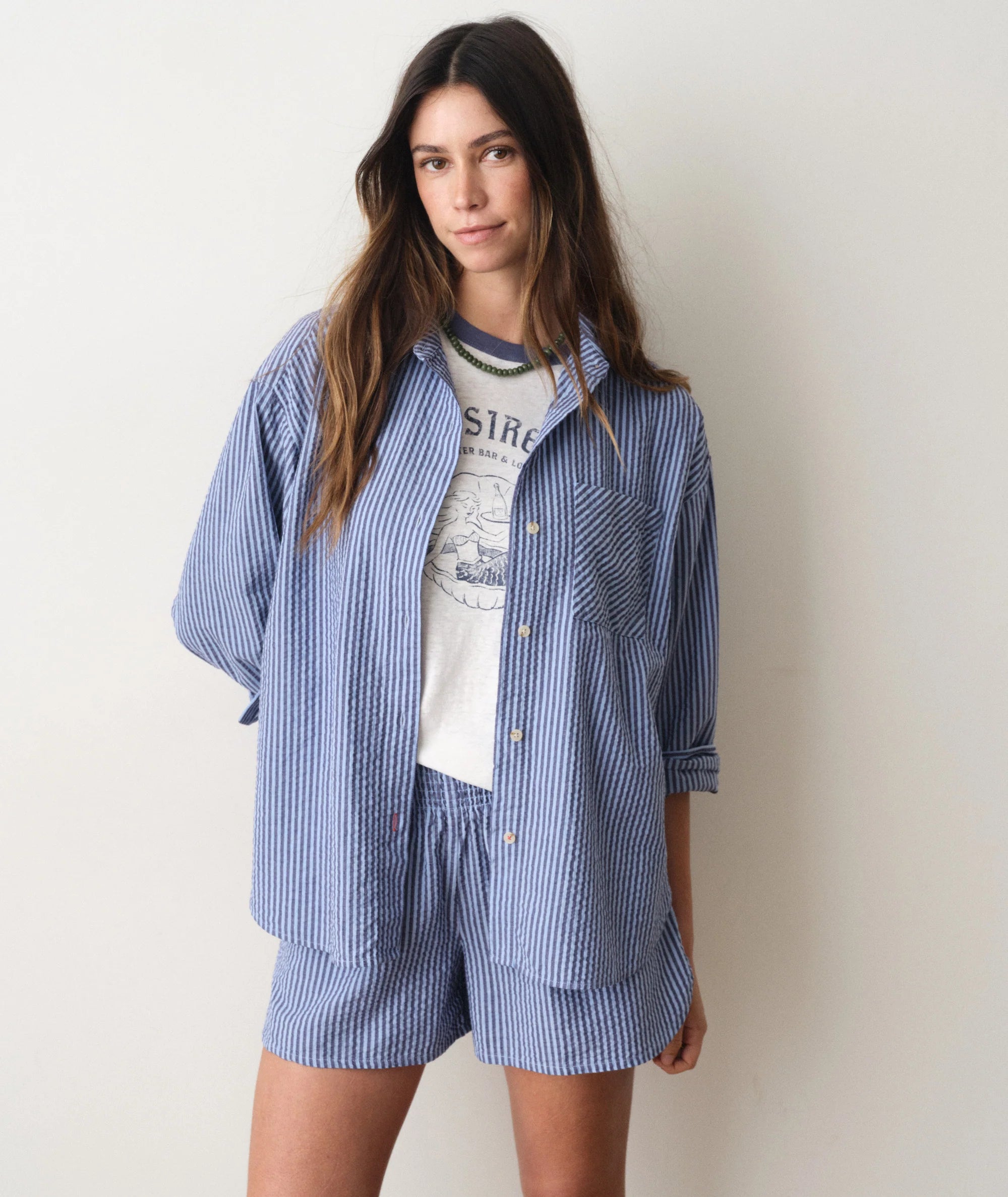 Gracey Oversized Seersucker Shirt - Bay Blue Stripe