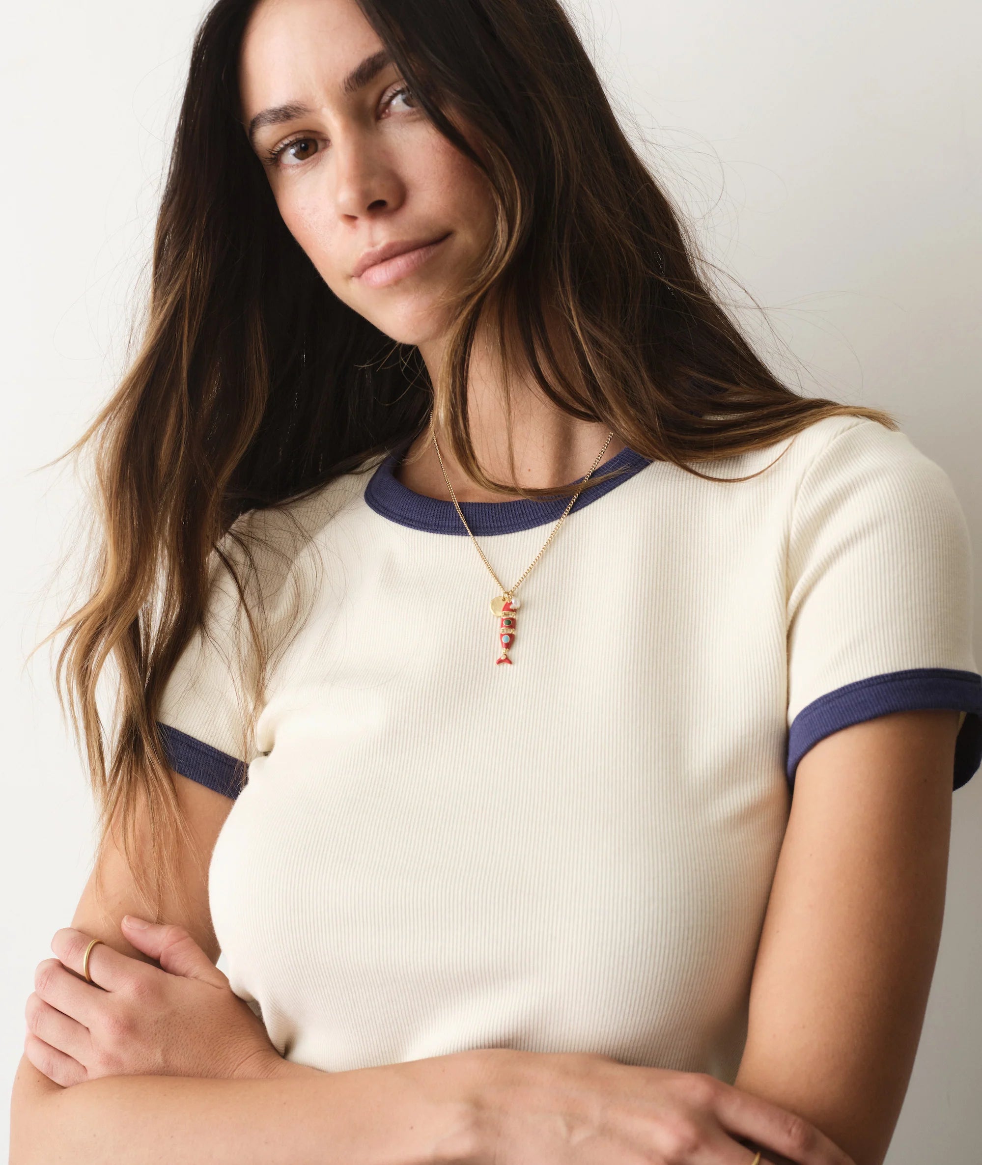 Lexi Rib Ringer Tee - Cream & Bay Blue