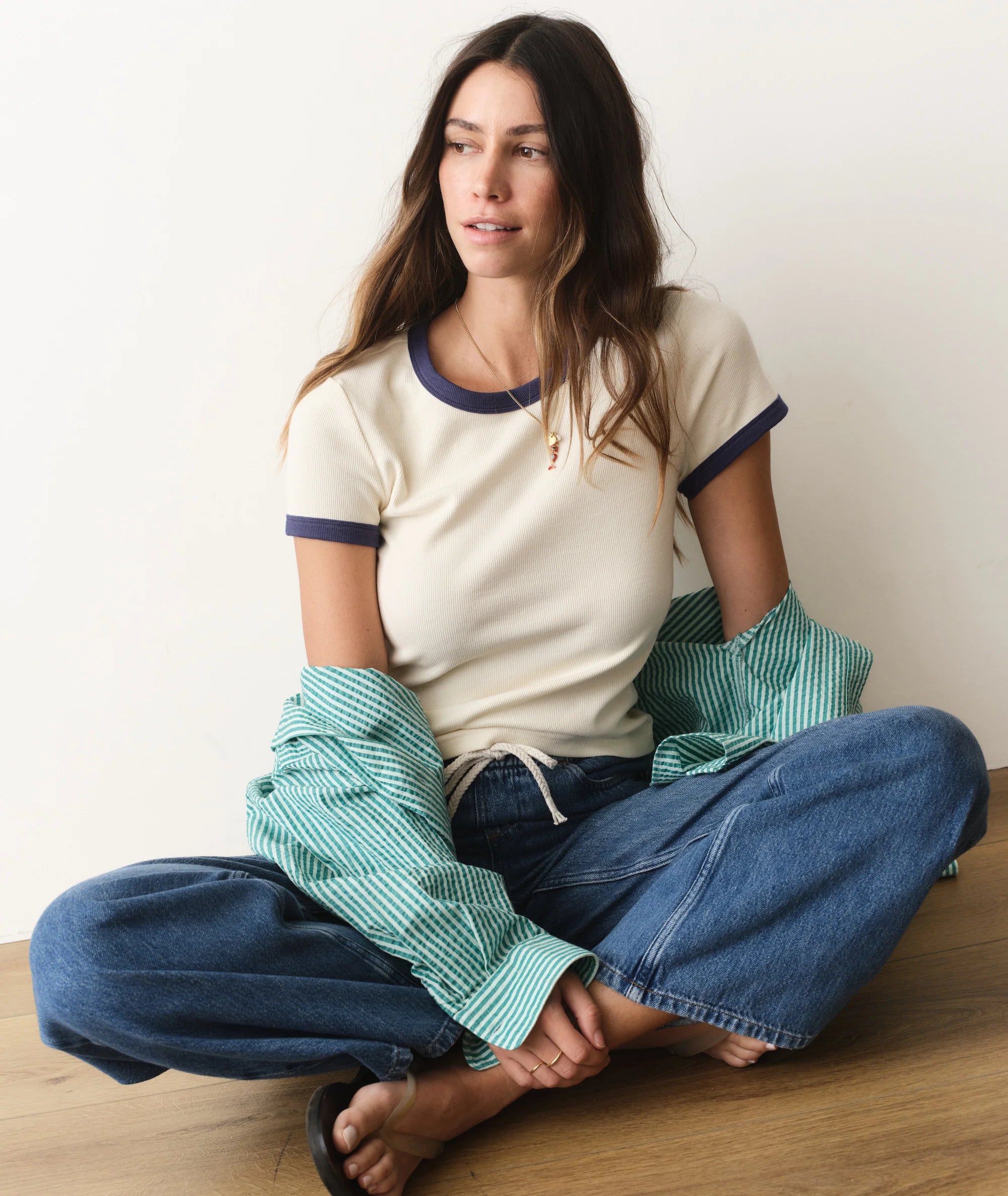Lexi Rib Ringer Tee - Cream & Bay Blue
