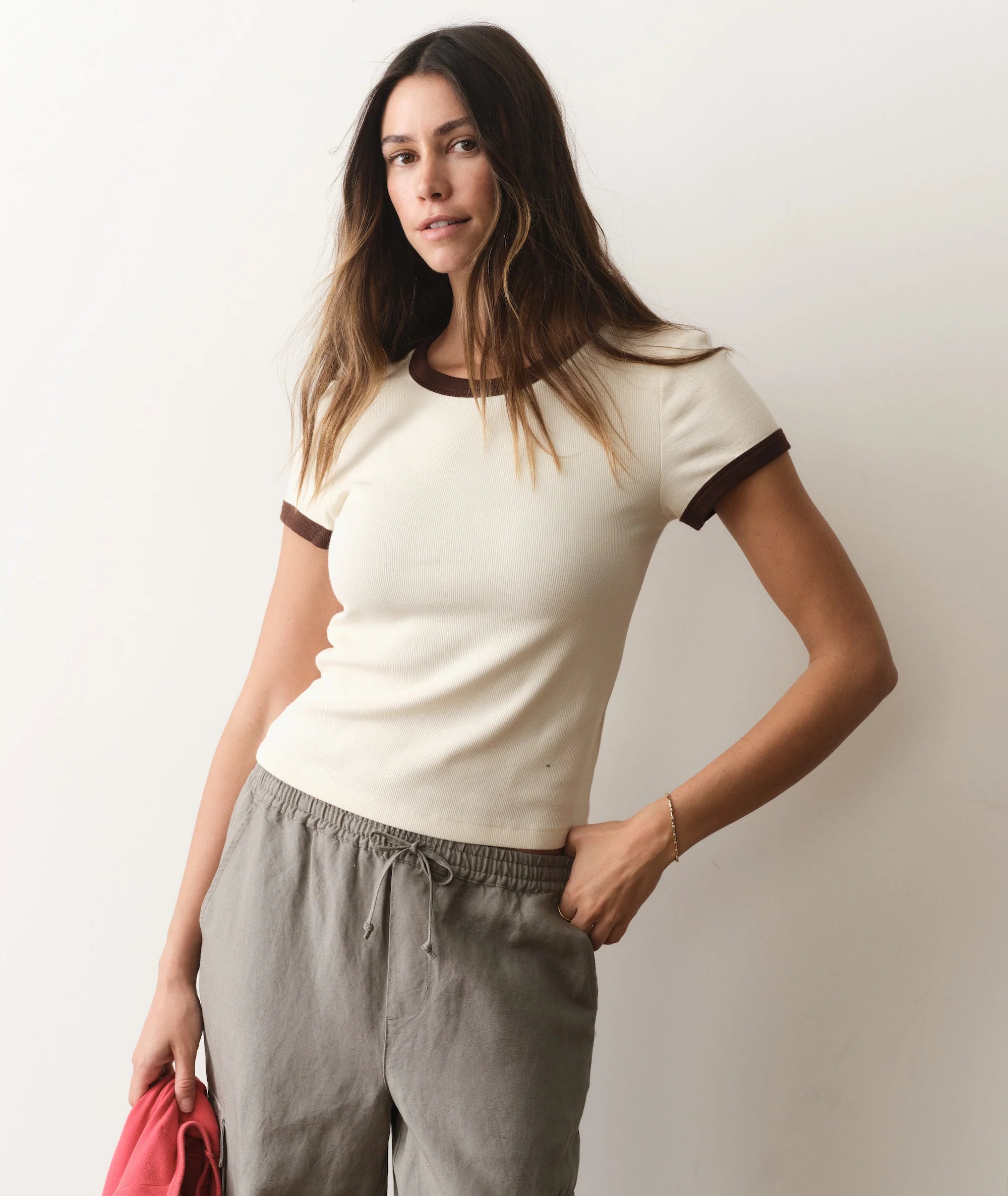 Lexi Rib Ringer Tee - Cream & Coffee