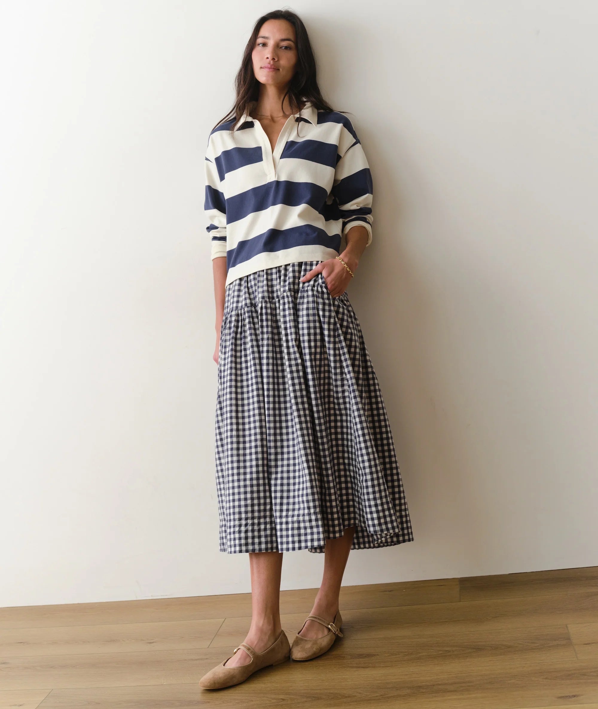 Luxe Sueded Polo Tee - Navy Stripe