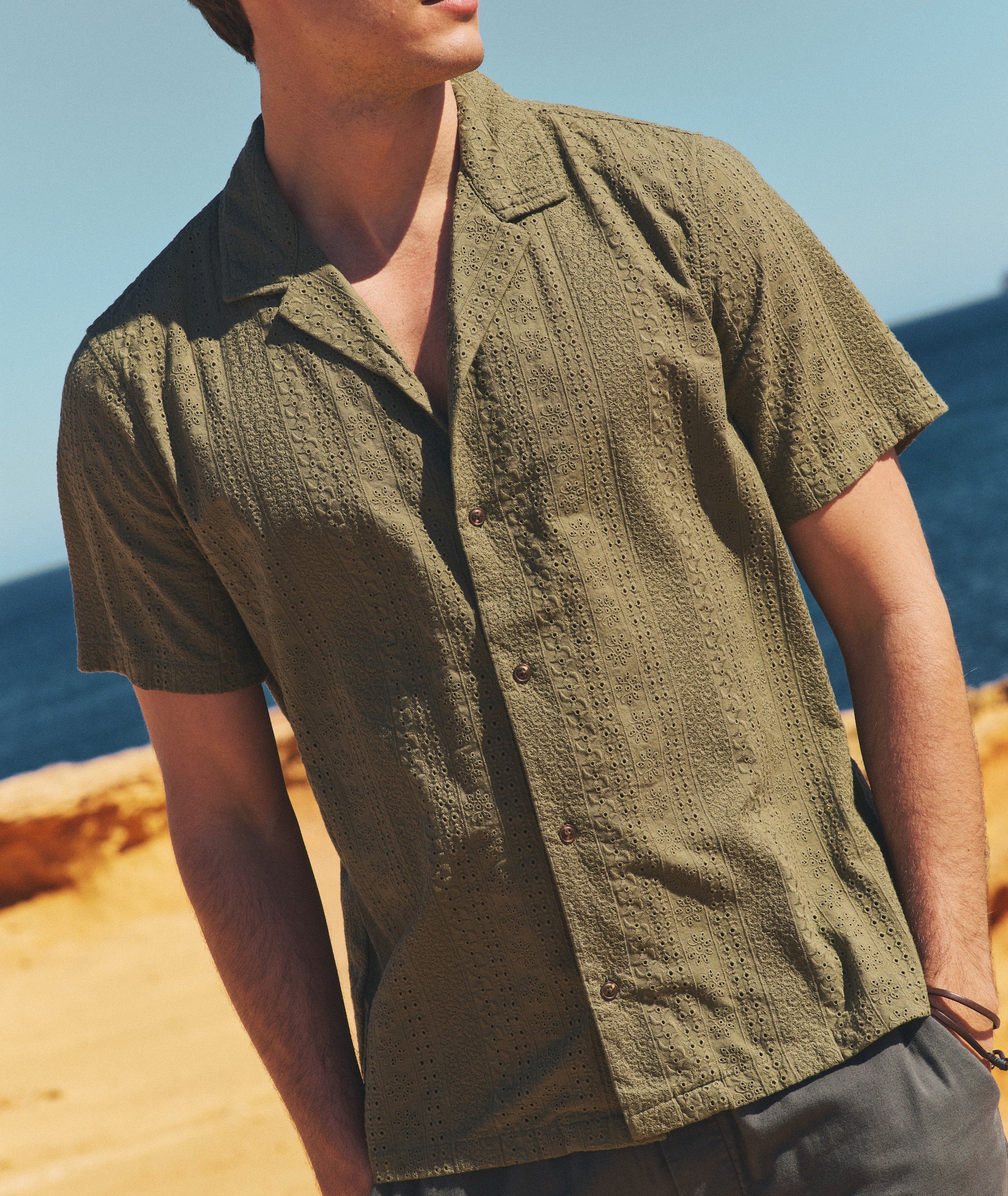 Zane Eyelet Resort Shirt - Olive