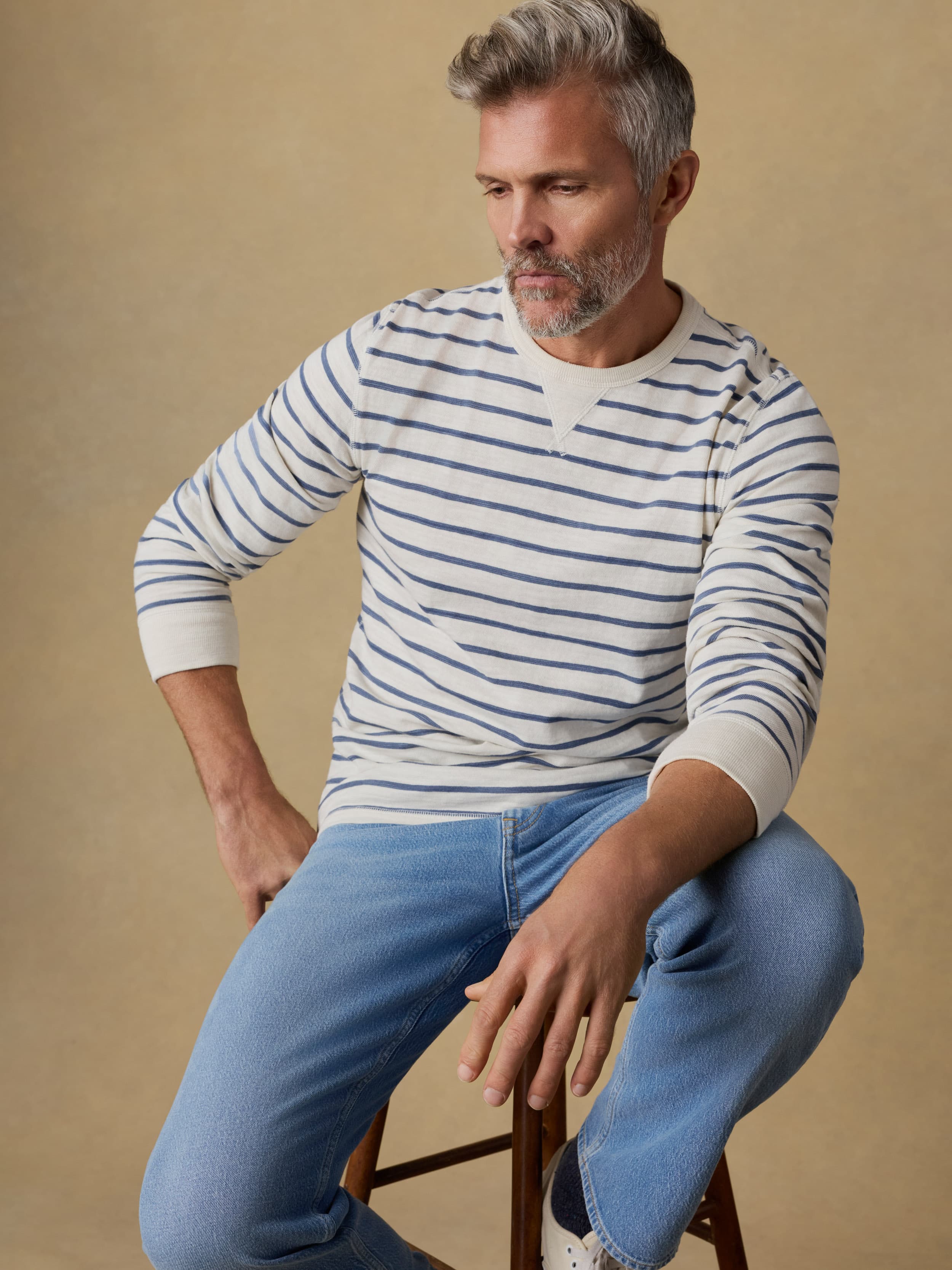 Sunwashed Slub Crew - Ivory Dusk Breton Stripe