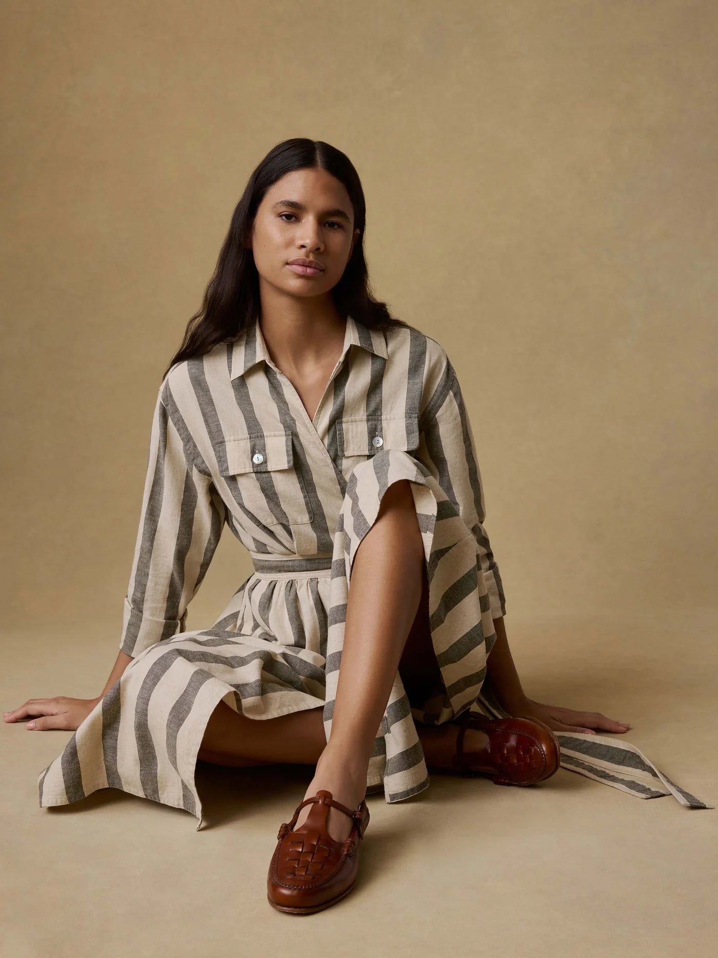 Cotton Linen Julia Wrap Dress - Pine Bay Stripe