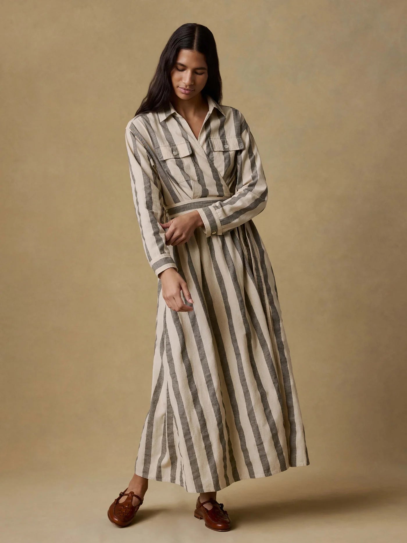 Cotton Linen Julia Wrap Dress - Pine Bay Stripe