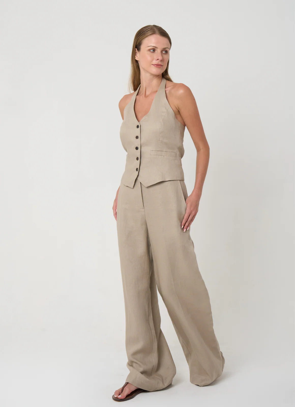 Sabrina Halter Vest in Linen - Taupe