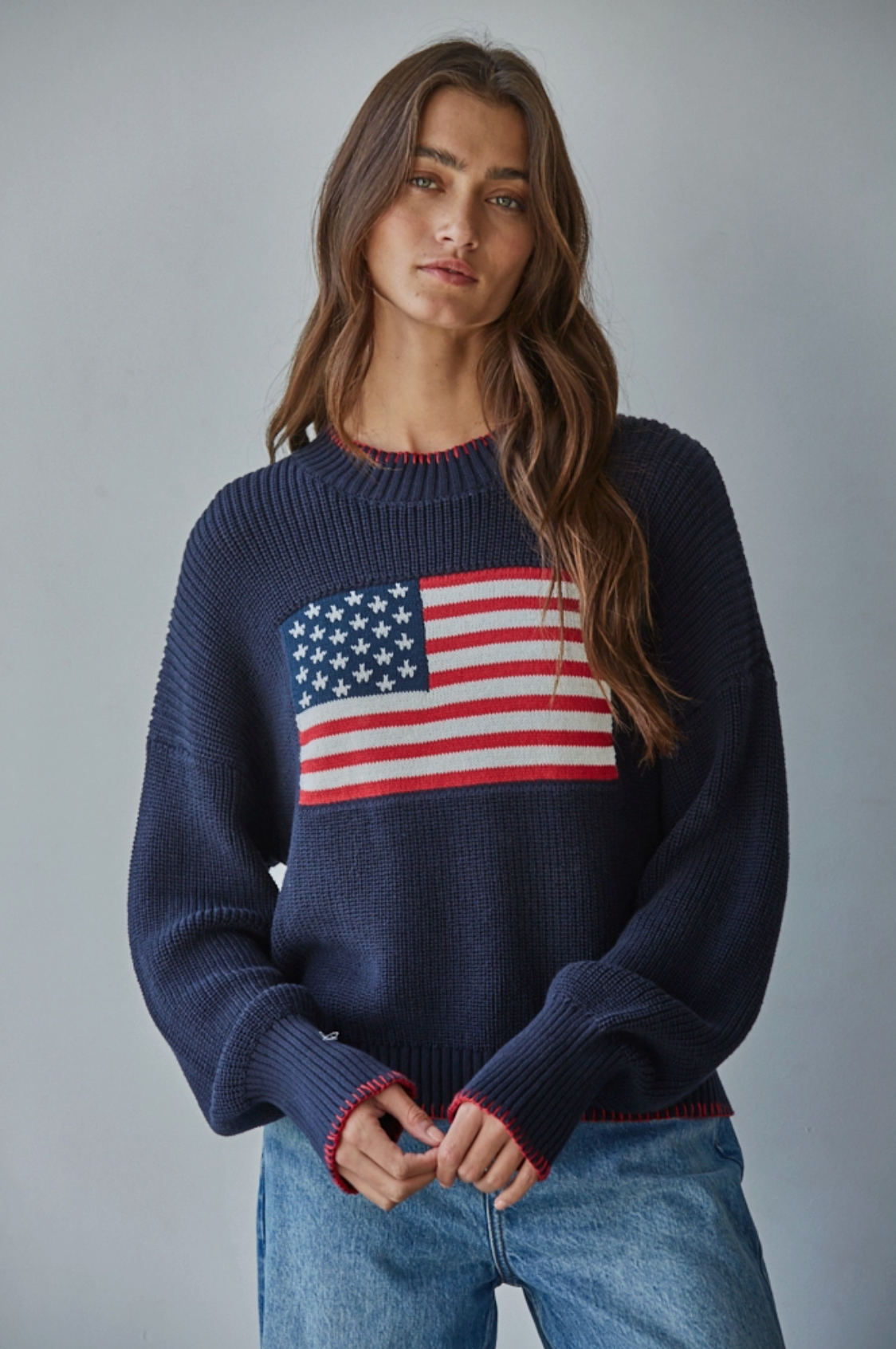 American Flag Pullover Knit Crew Sweater - Navy