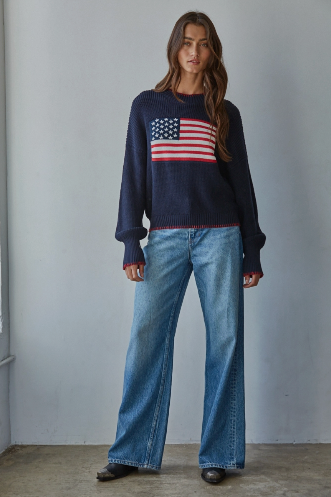 American Flag Pullover Knit Crew Sweater - Navy