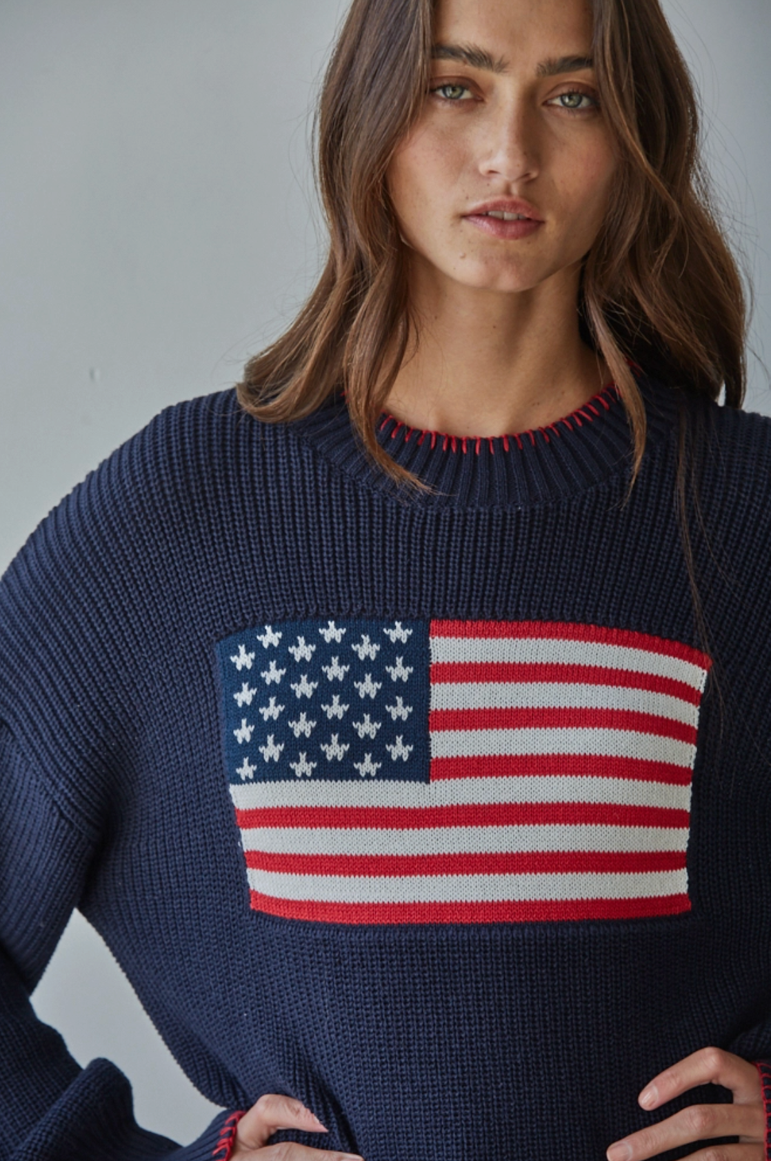 American Flag Pullover Knit Crew Sweater - Navy