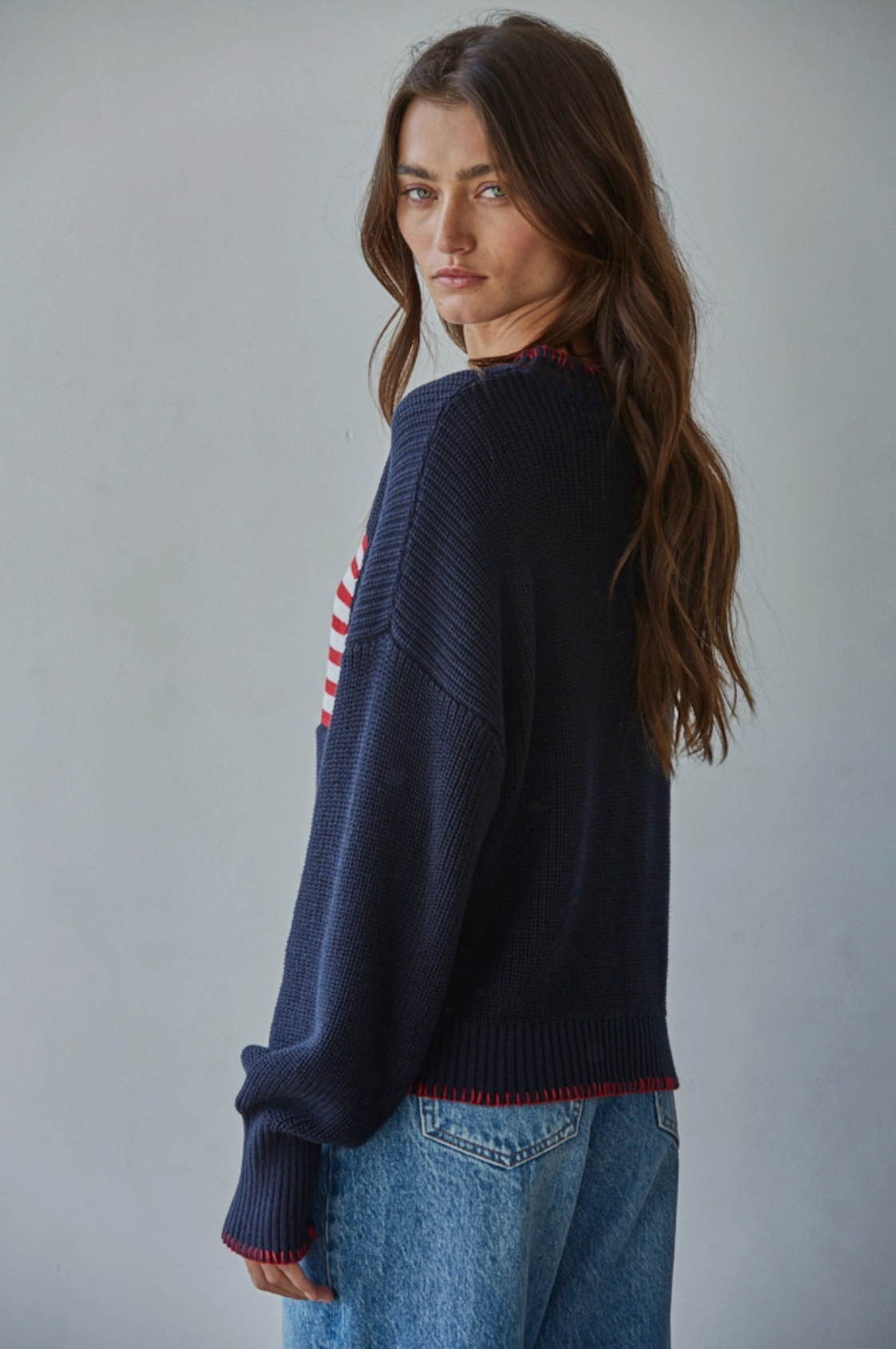 American Flag Pullover Knit Crew Sweater - Navy