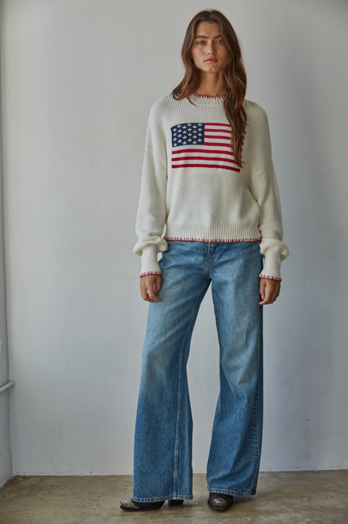 American Flag Pullover Knit Crew Sweater - Off White