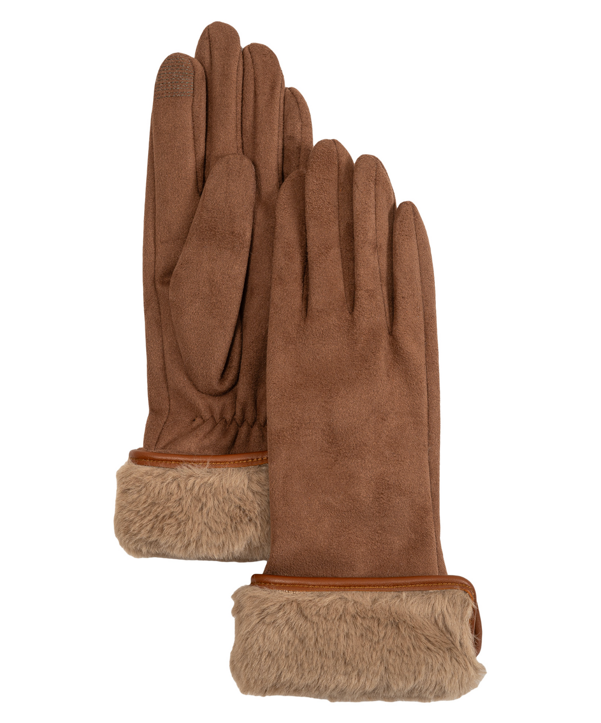 Stretch Suede Fold-Up Faux Fur Cuff Gloves - Chestnut