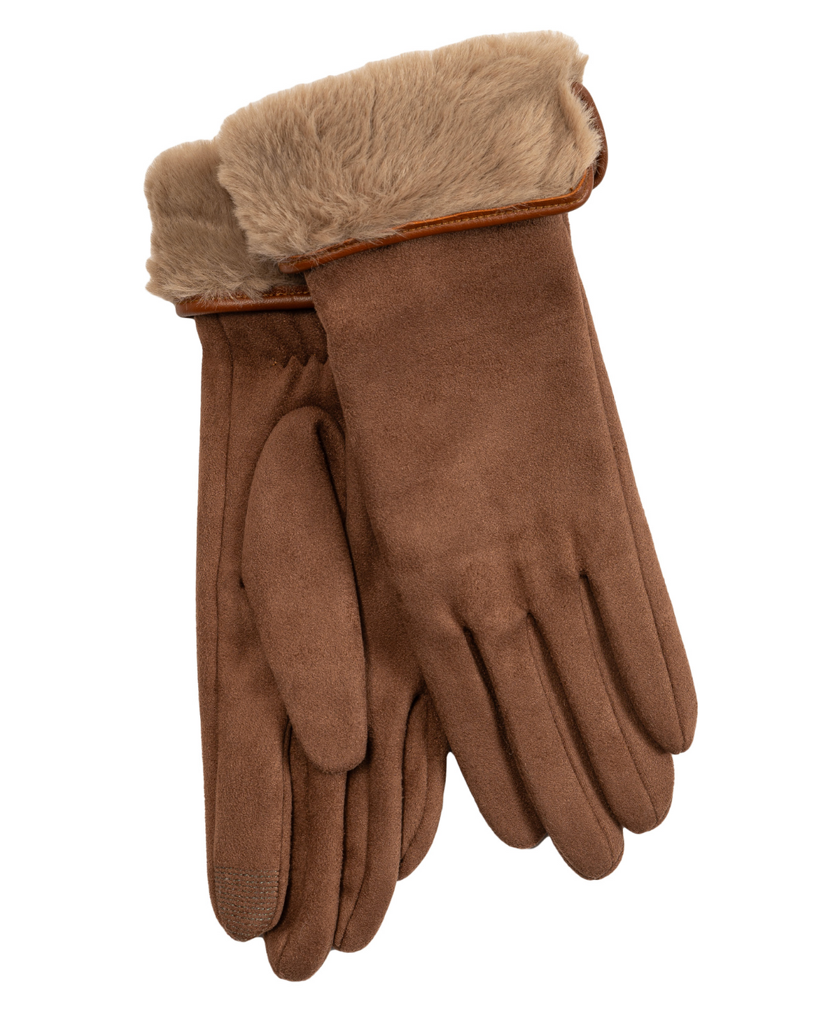Stretch Suede Fold-Up Faux Fur Cuff Gloves - Chestnut
